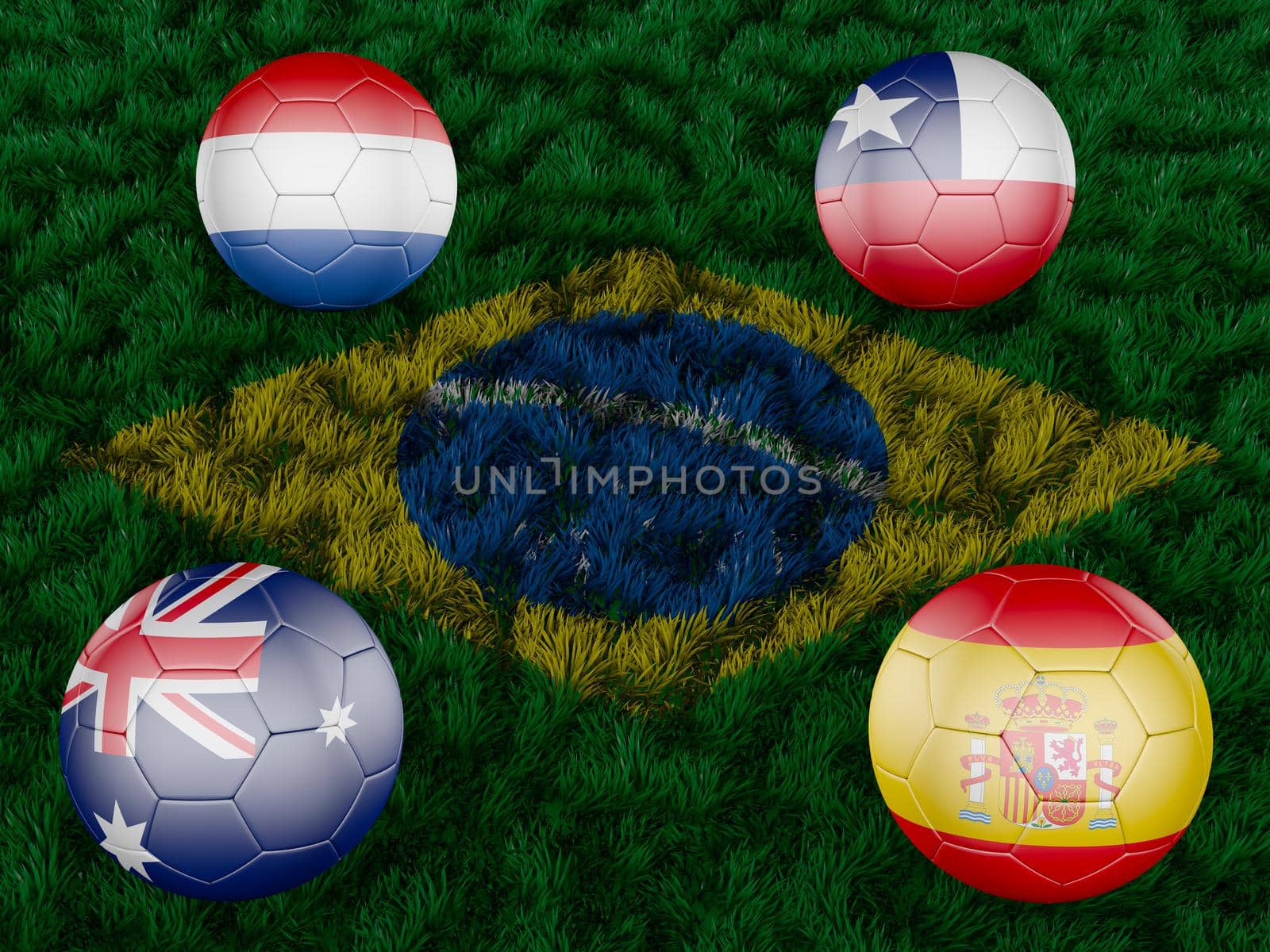 four balls on the grass with the image of the flag of Brazil