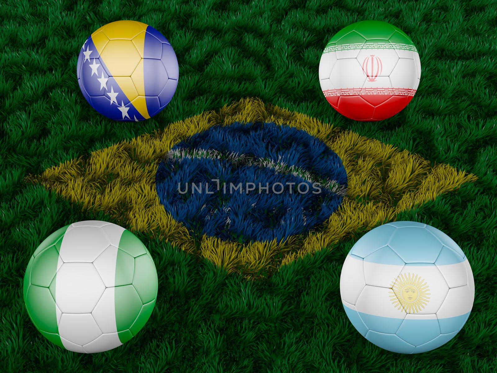 four balls on the grass with the image of the flag of Brazil