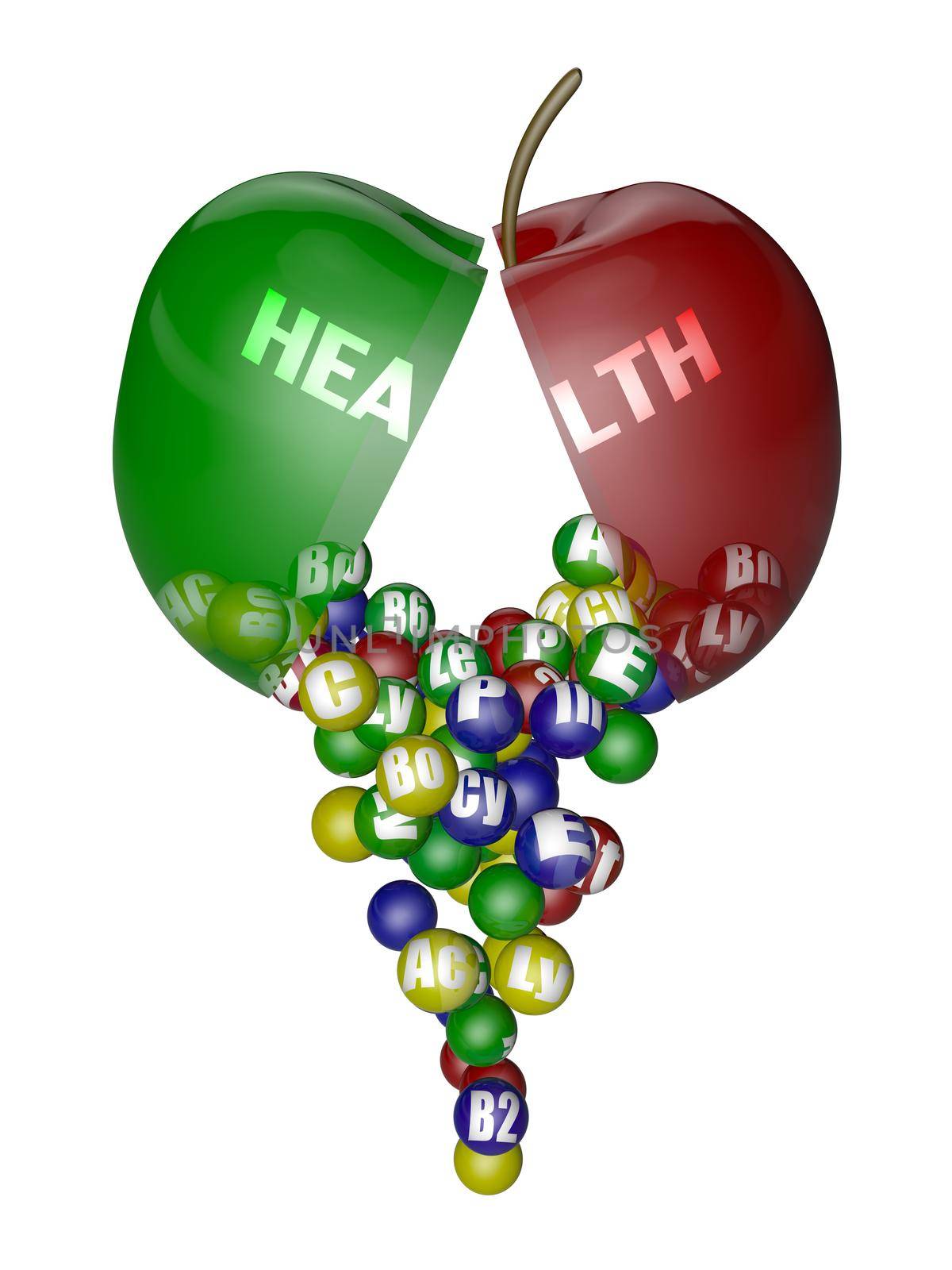 translucent apple of two halves and different vitamins