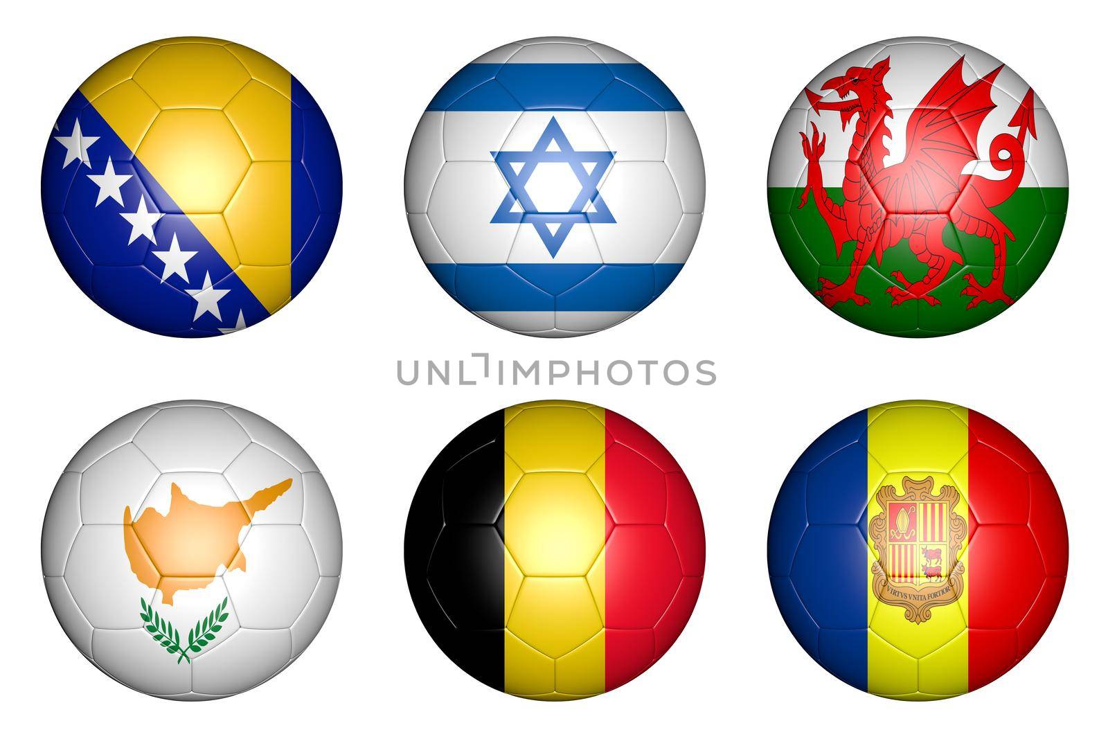 balls with flags of countries: Bosnia; Herzegovina, Belgium, Israel, Wales, Cyprus, Andorra.