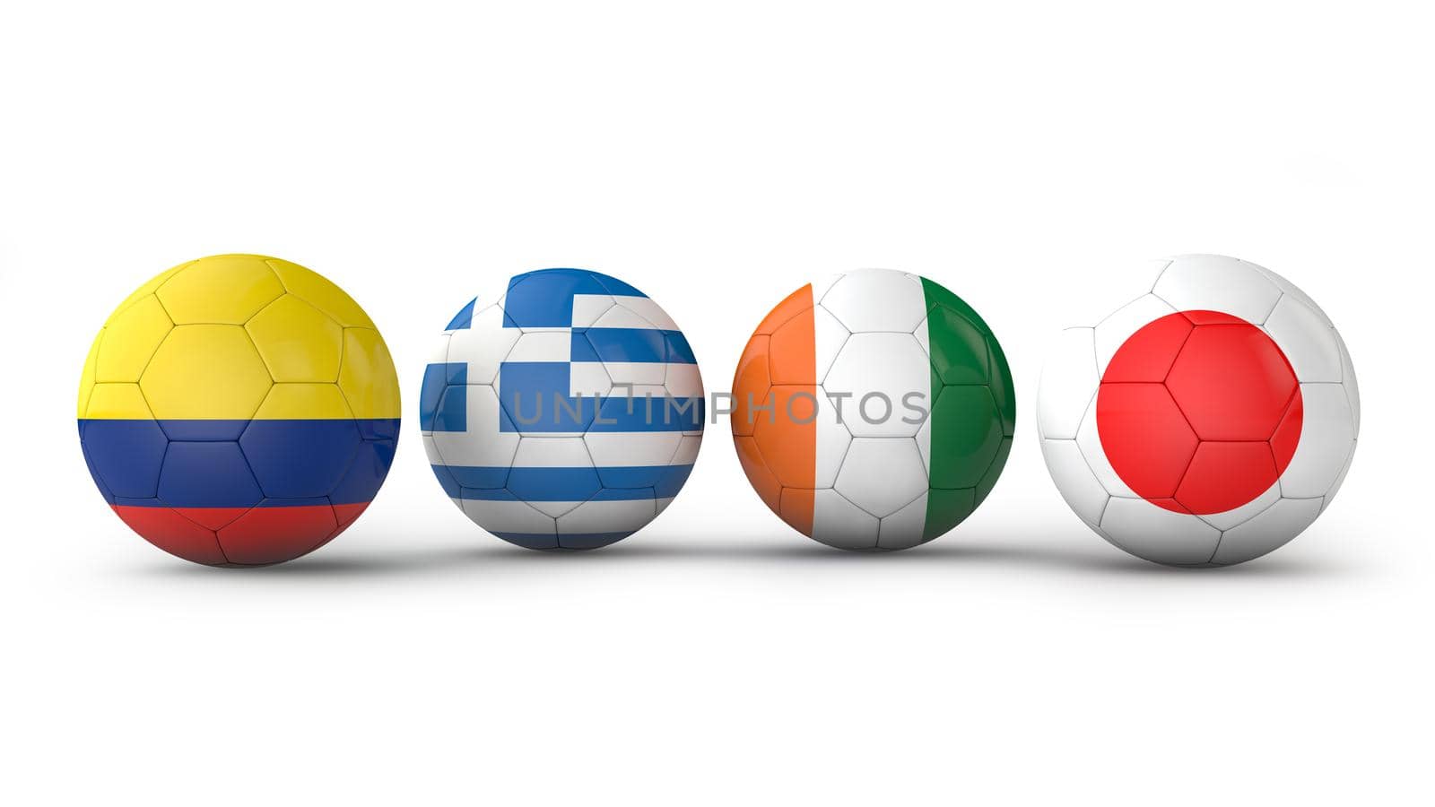 balls with flags of Colombia, Greece, Ivory Coast, Japan