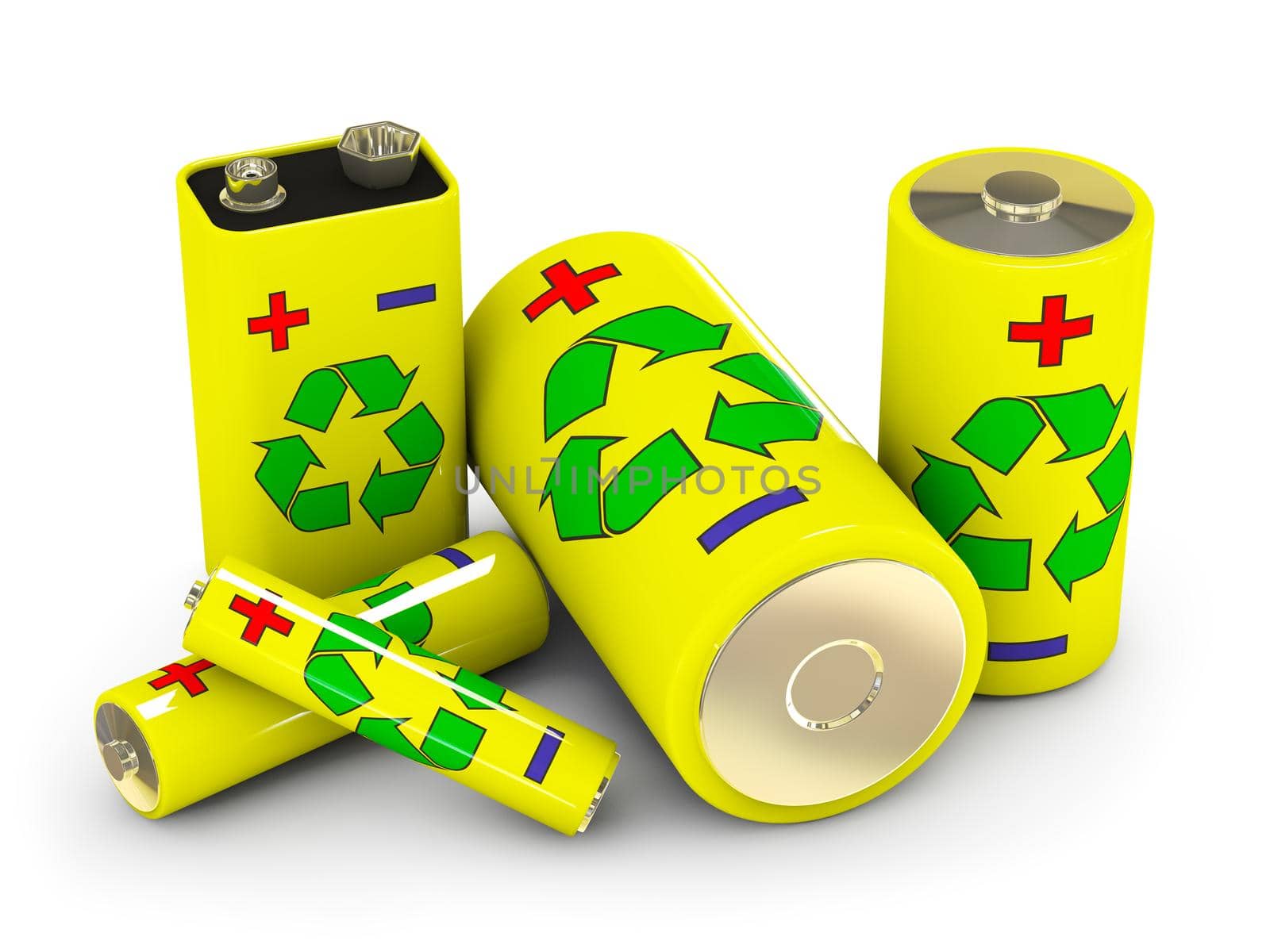 different types of batteries with the image of sign Recycling