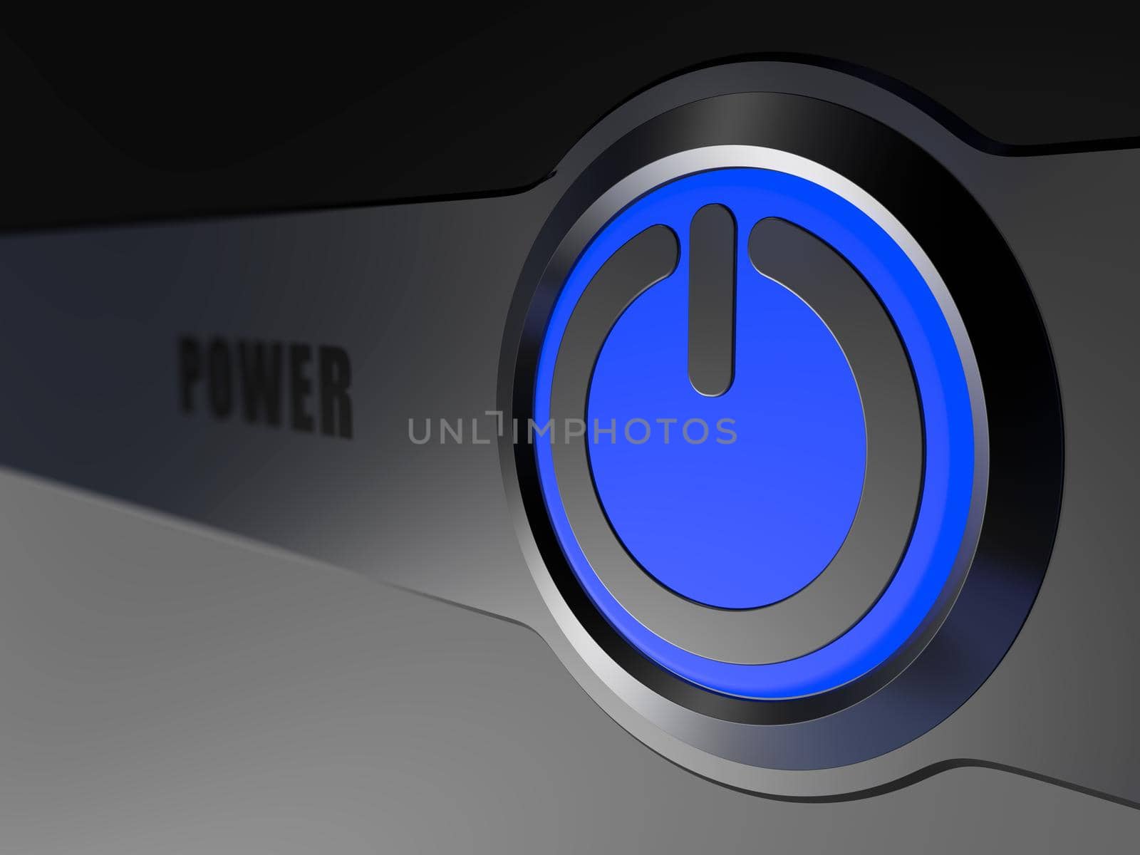 blue power button on metal nameplate equipment