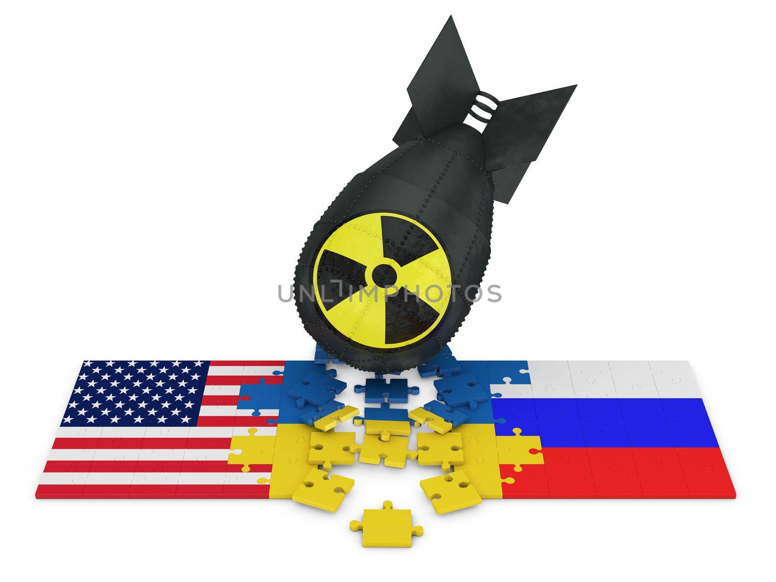 black bomb with radiation sign and puzzles with the flags of Russia, Ukraine and the USA