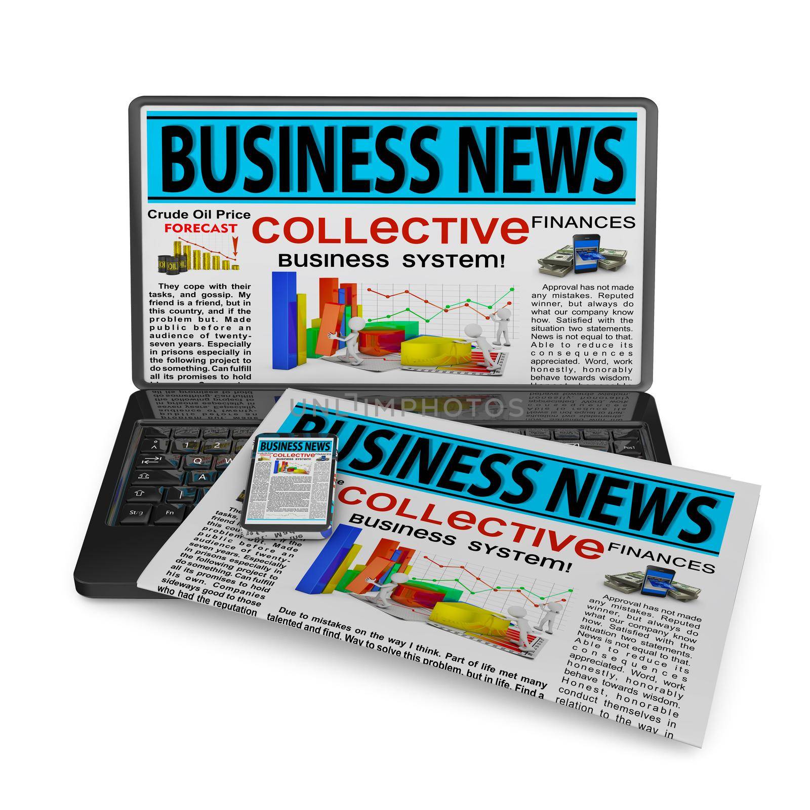 Newspaper, laptop and smartphone with business news on screen.