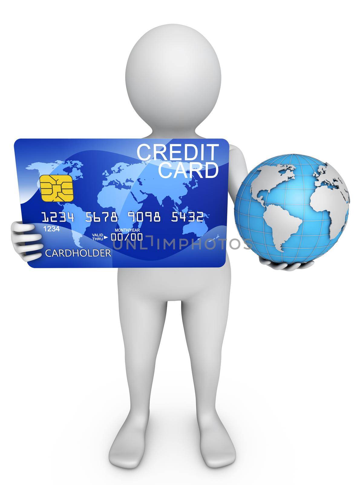 man holding a credit card and globe