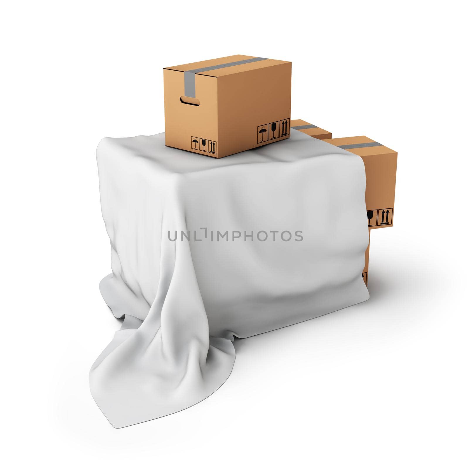 cardboard boxes covered with a cloth on a white background