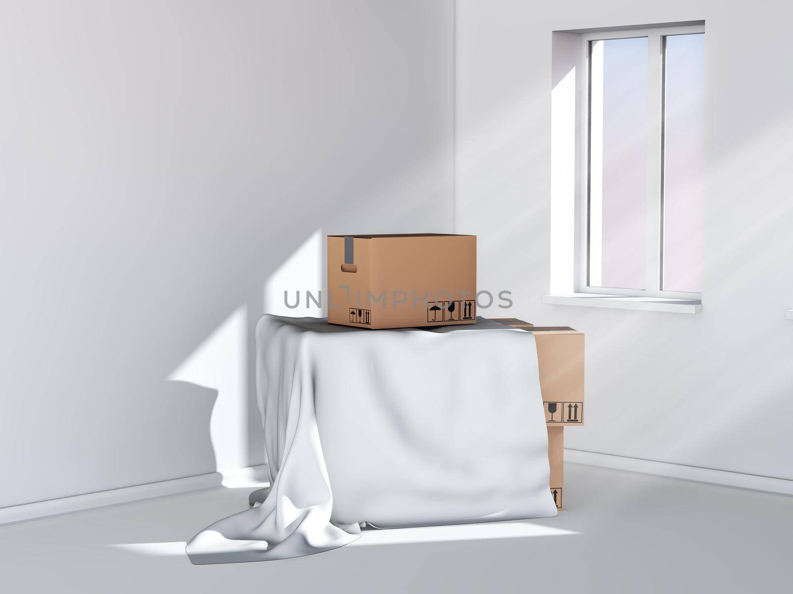 cardboard boxes, covered with a cloth in a room with a window