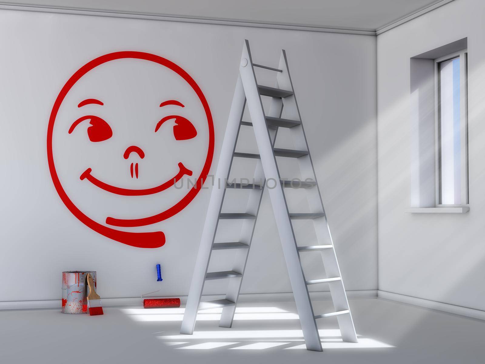 cheerful smiley painted with red paint on the wall in the room