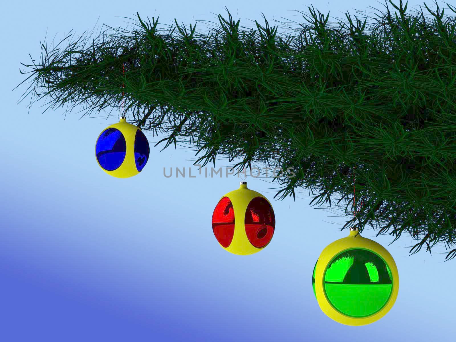 Christmas tree branch with three balls on a blue background