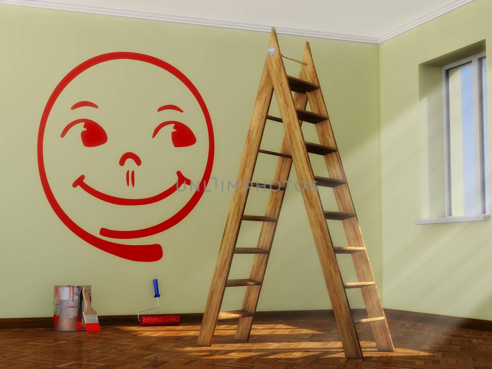 cheerful smiley painted with red paint on the wall in the room