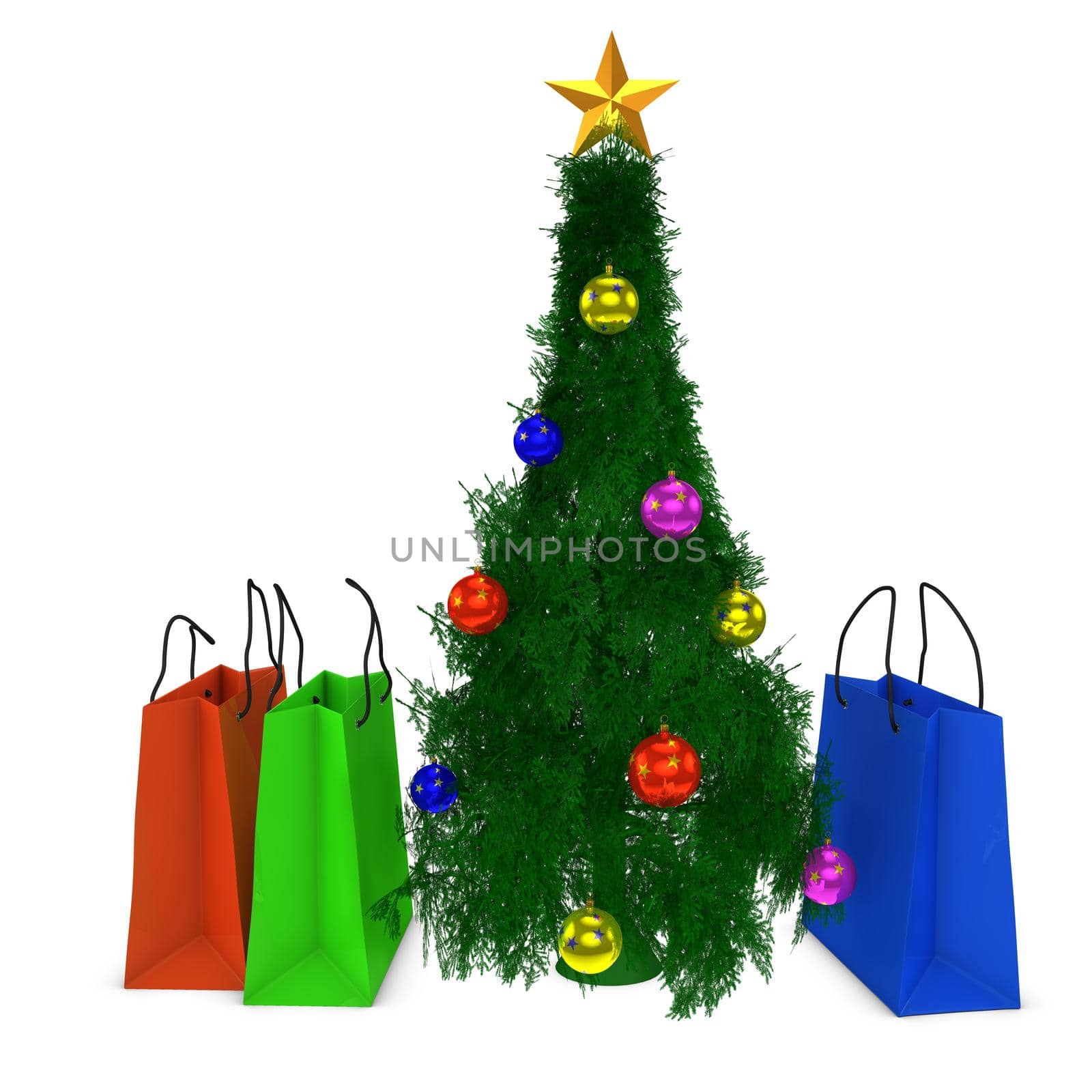 bags for shopping near a Christmas tree
