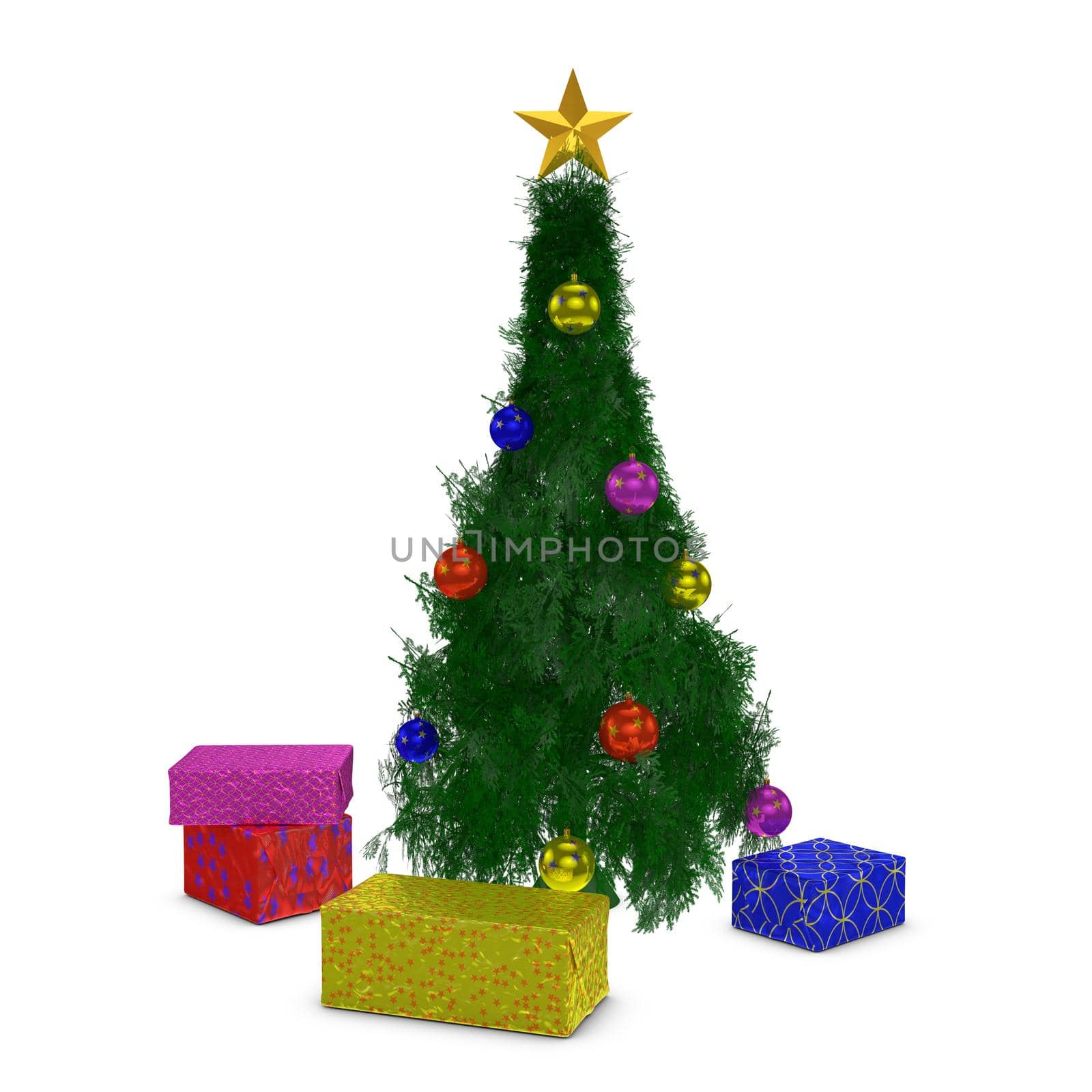 Christmas gifts near a Christmas tree, 3d render