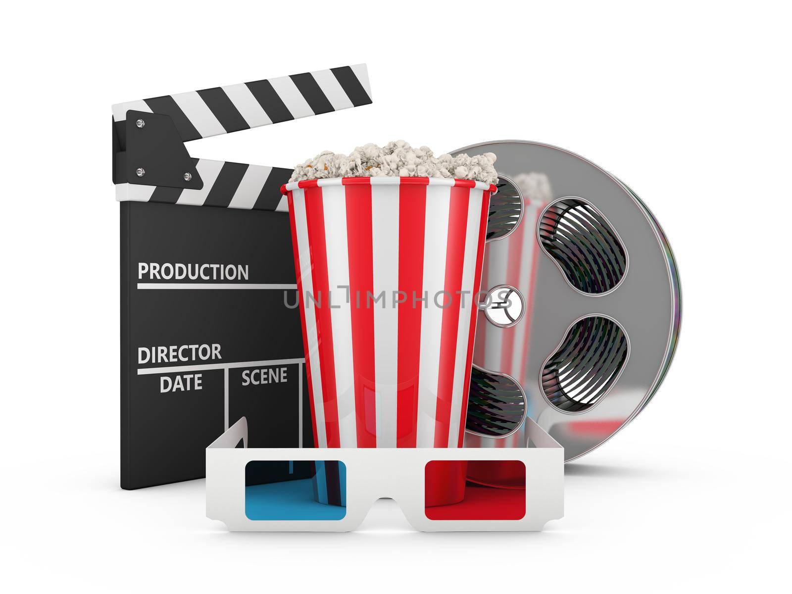 Popcorn, reel of film, 3D glasses and clapboard