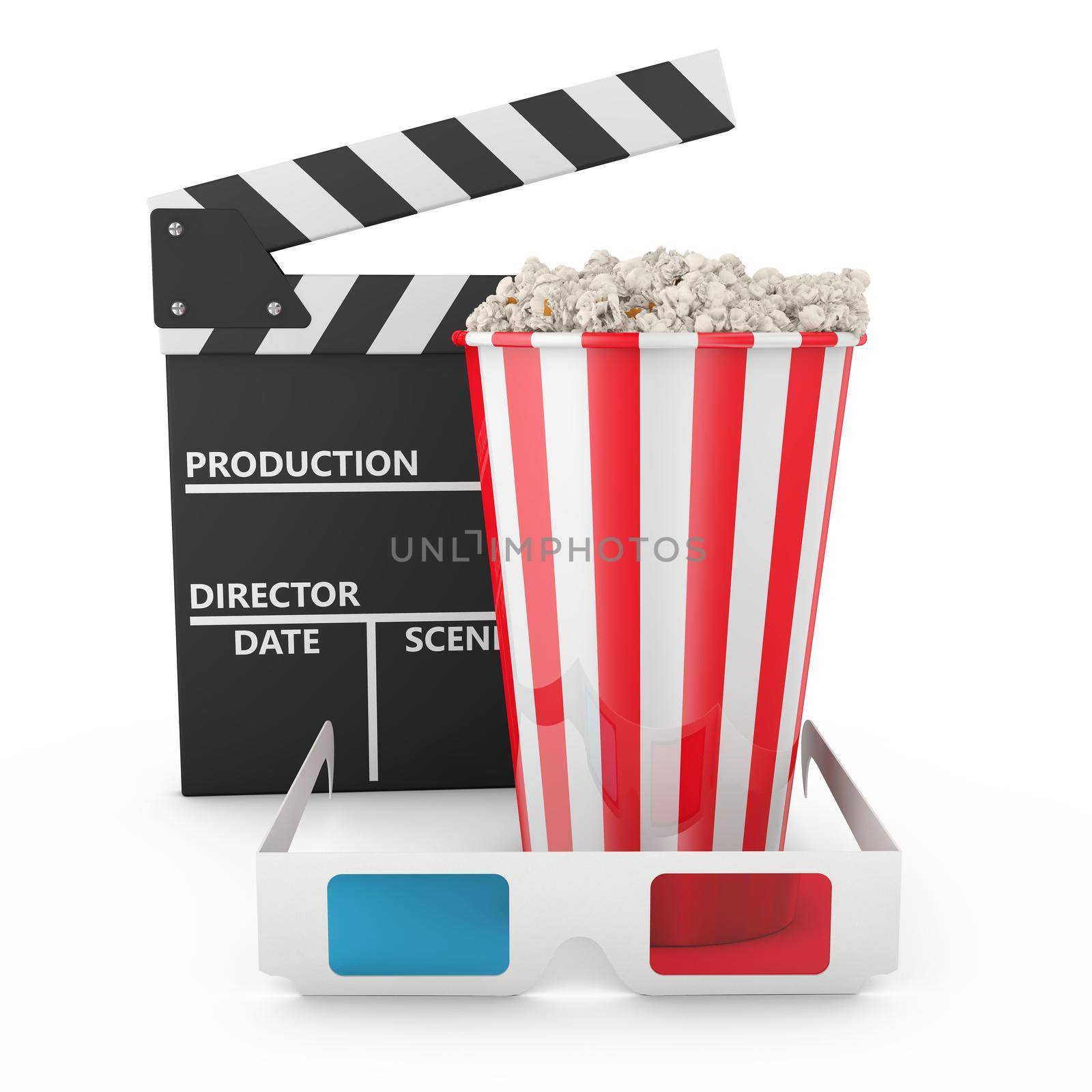 Popcorn,  3D glasses and clapboard on white background