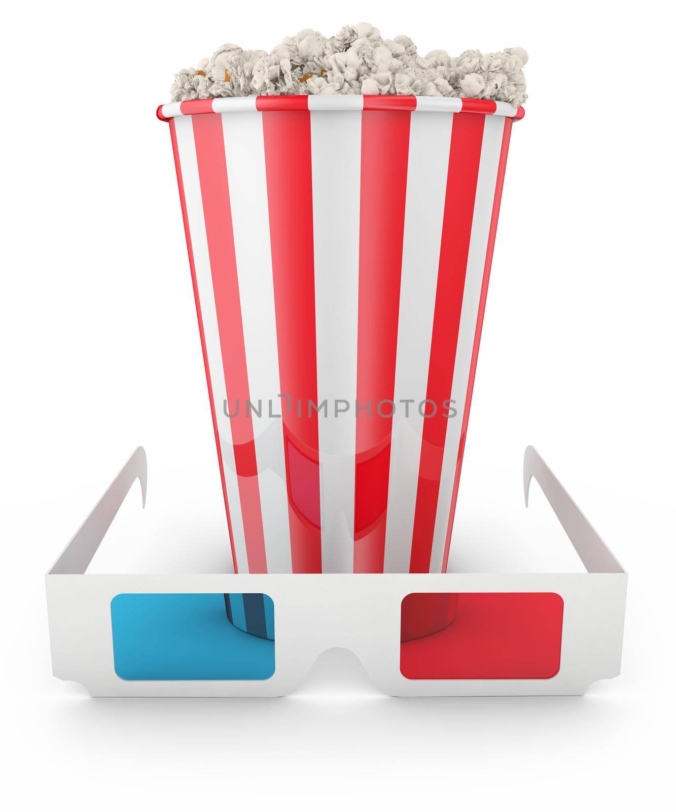 Popcorn and 3D glasses  on white background