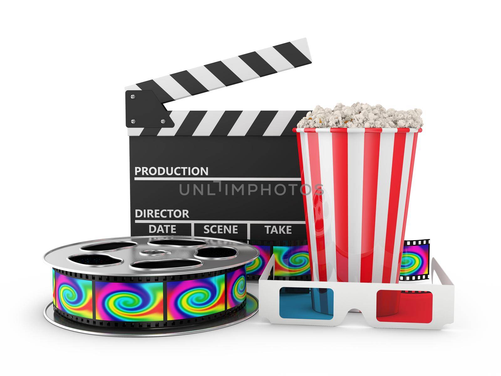 Popcorn, reel of film, 3D glasses and clapboard