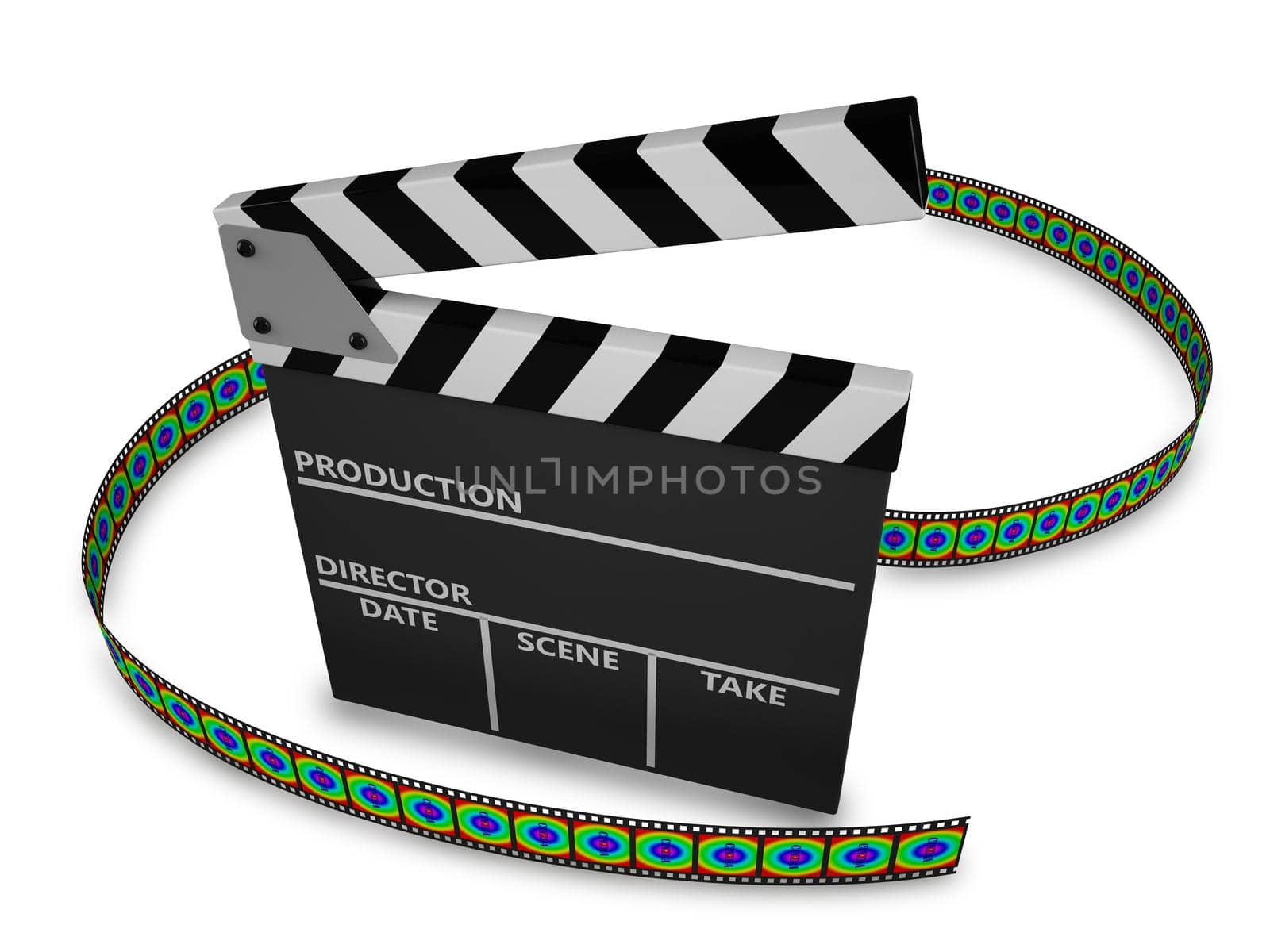 clapboard and film strip on white background