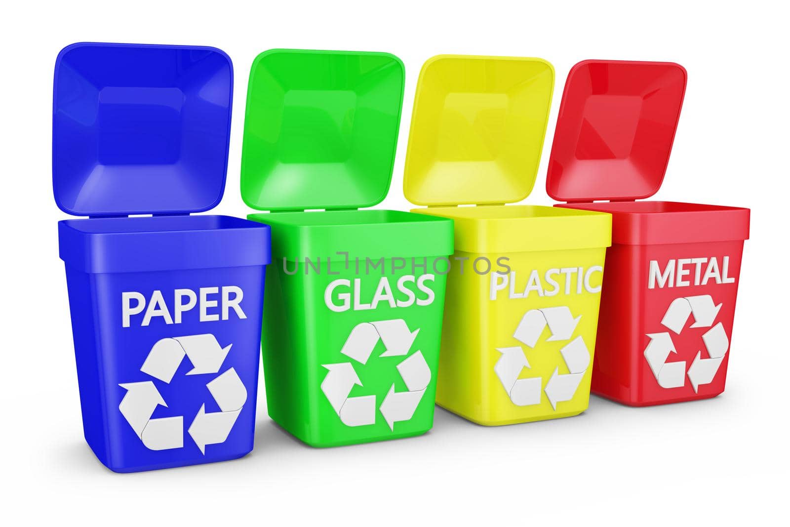 four containers of trash on a white background