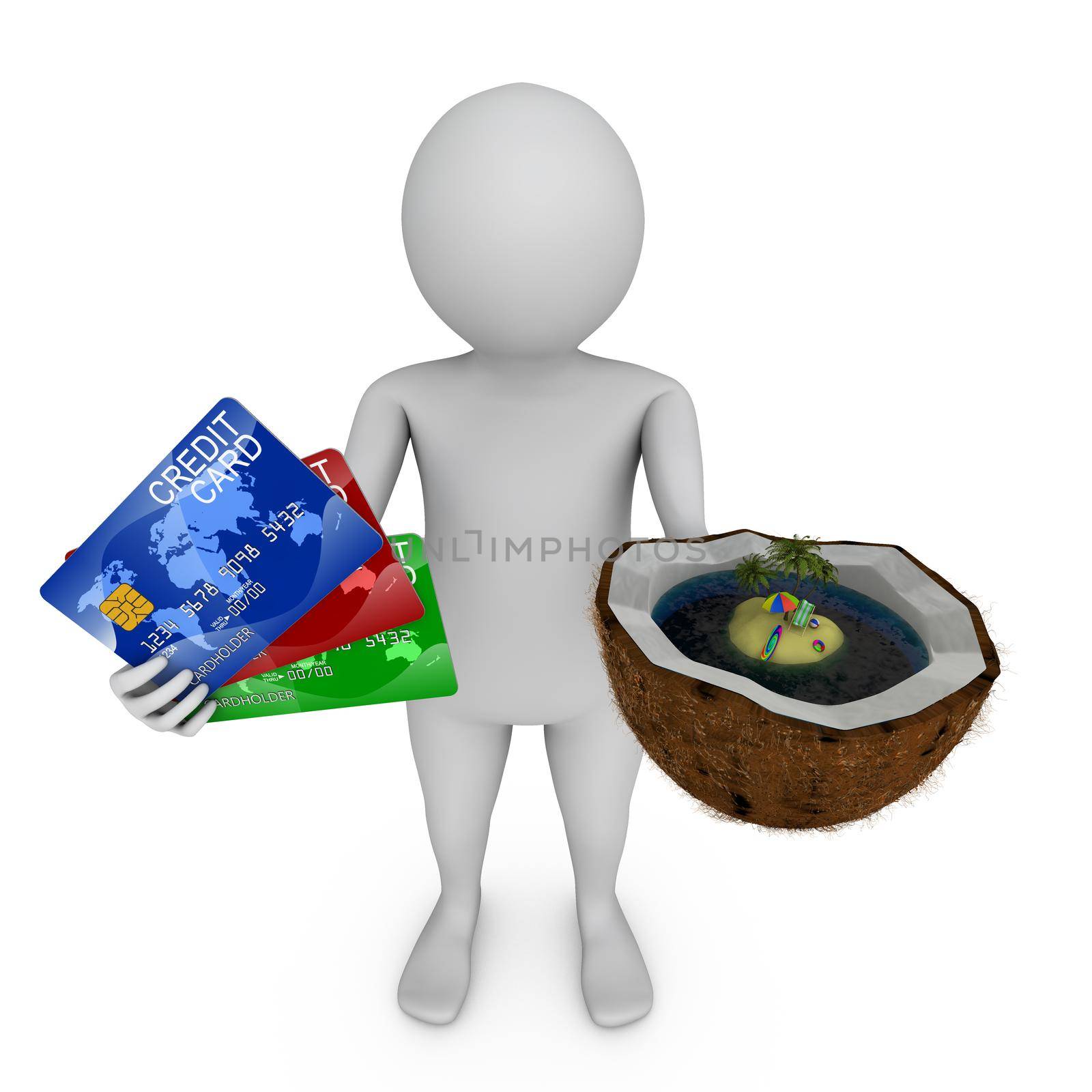 man holding a credit card in one hand and in the other hand with a coconut island inside