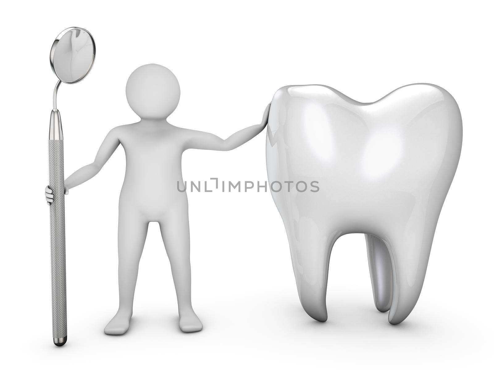 man with a dental mirror and a tooth on a white background