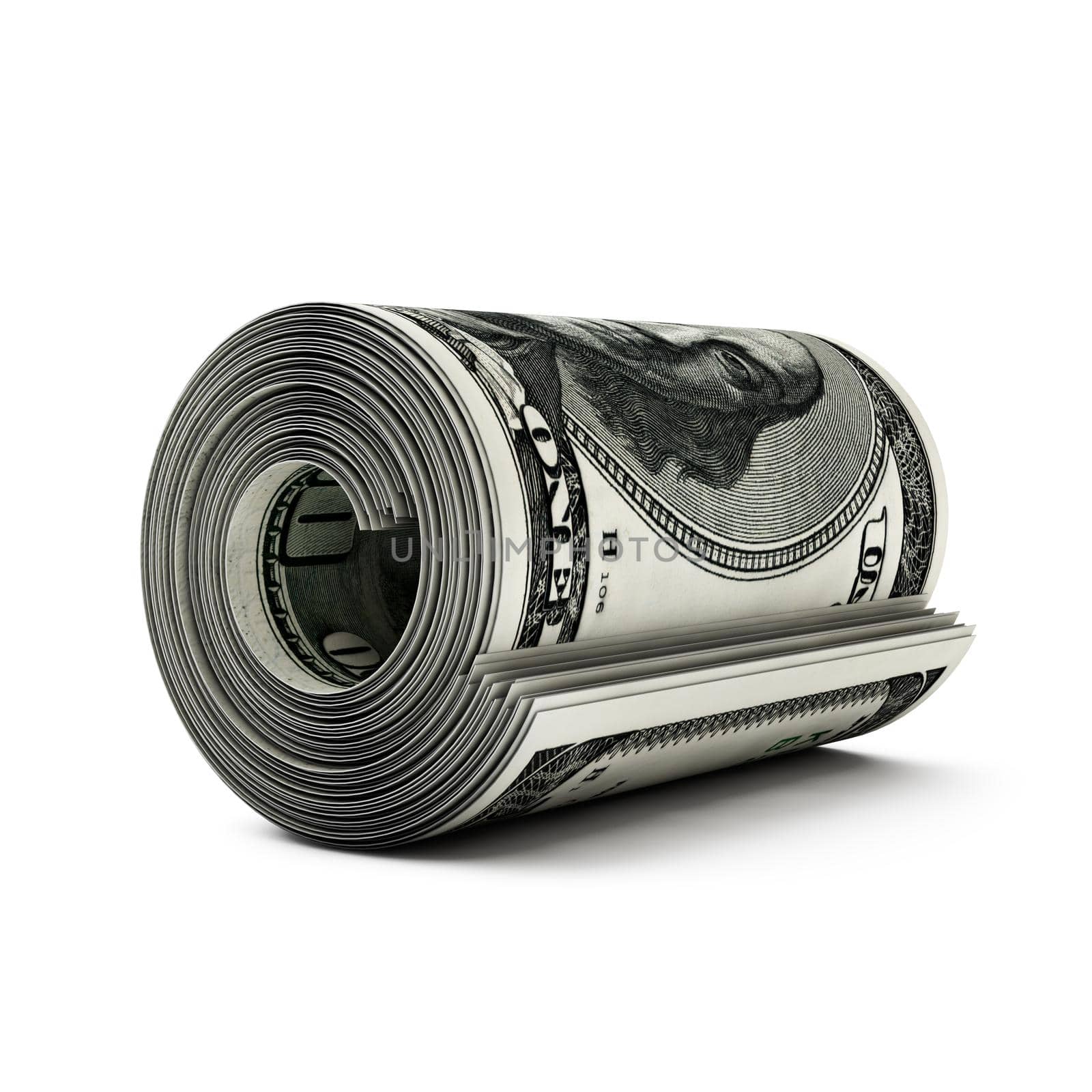 dollar bills in a roll on a white background