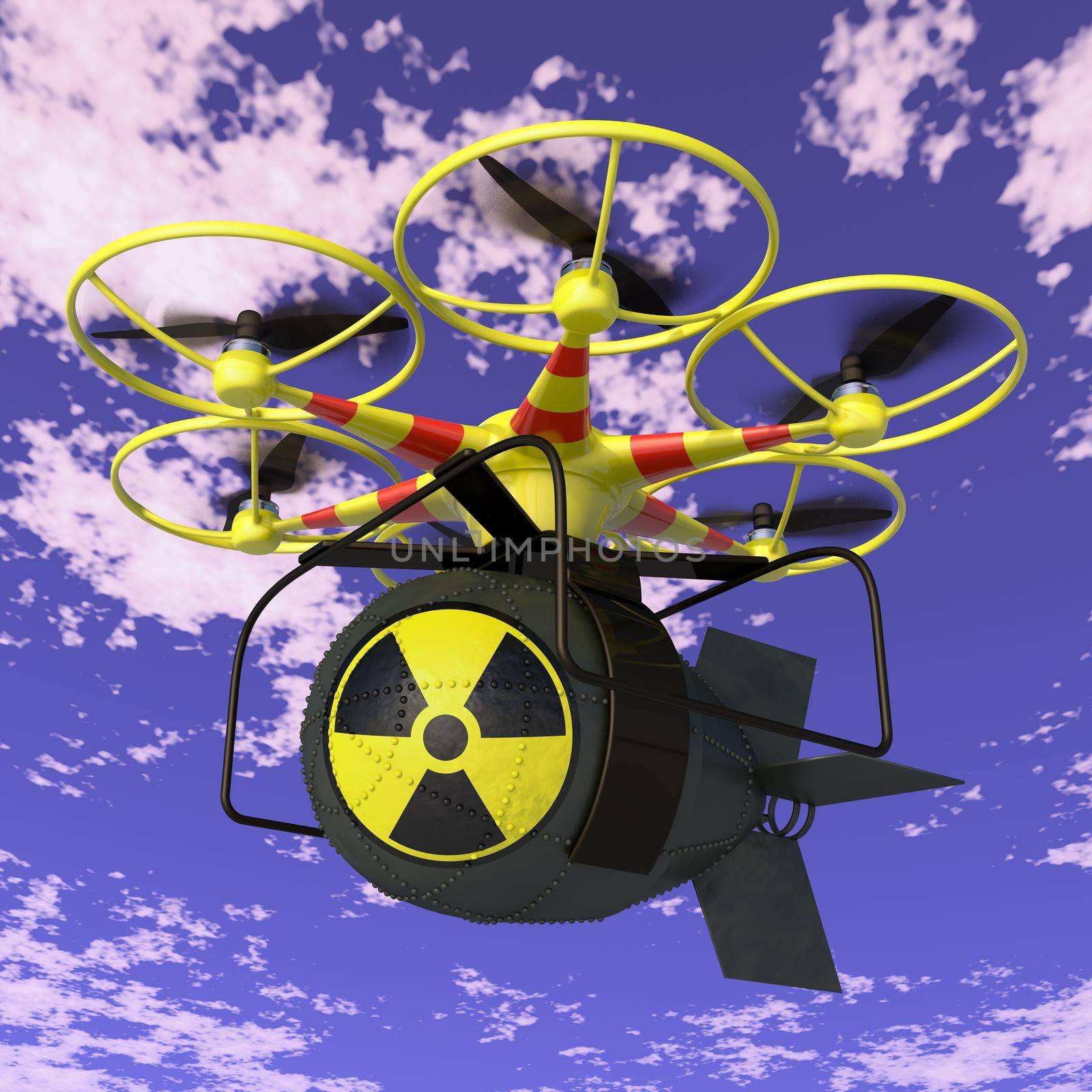 Flying drone to which is attached nuclear bomb.
