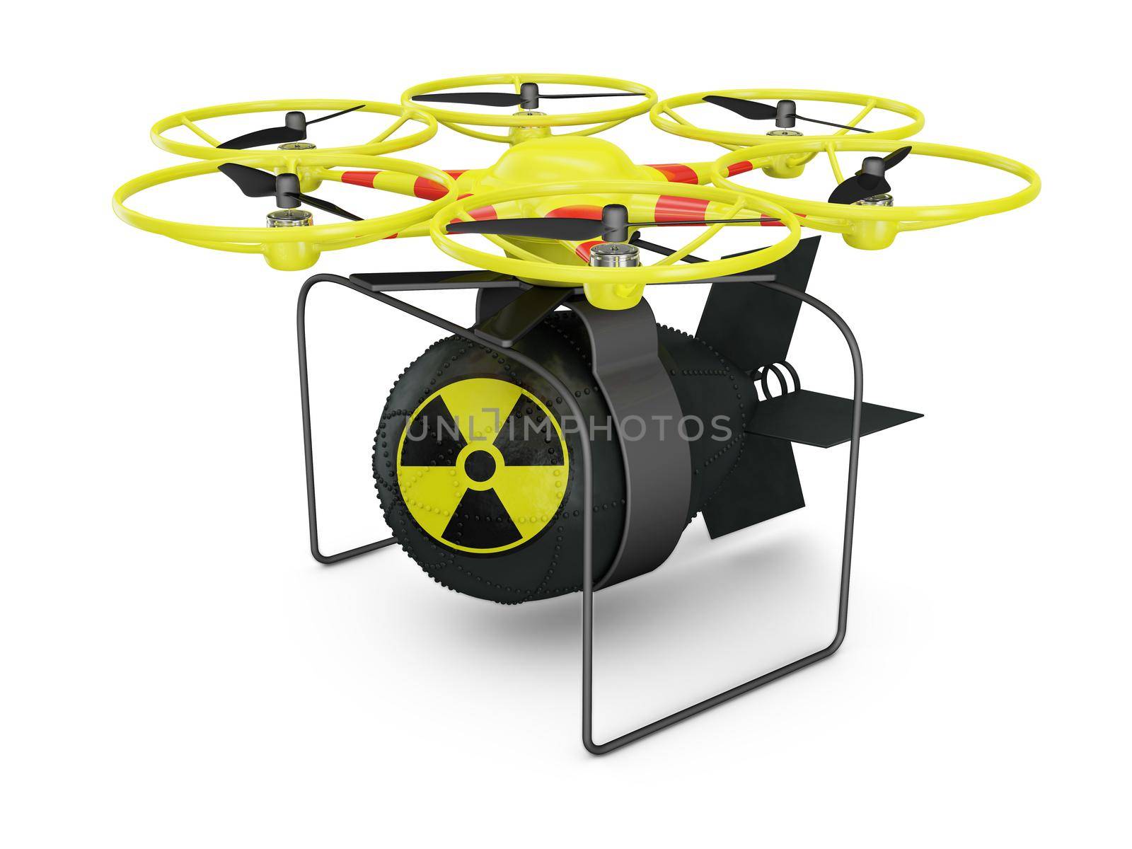 Flying drone to which is attached nuclear bomb.