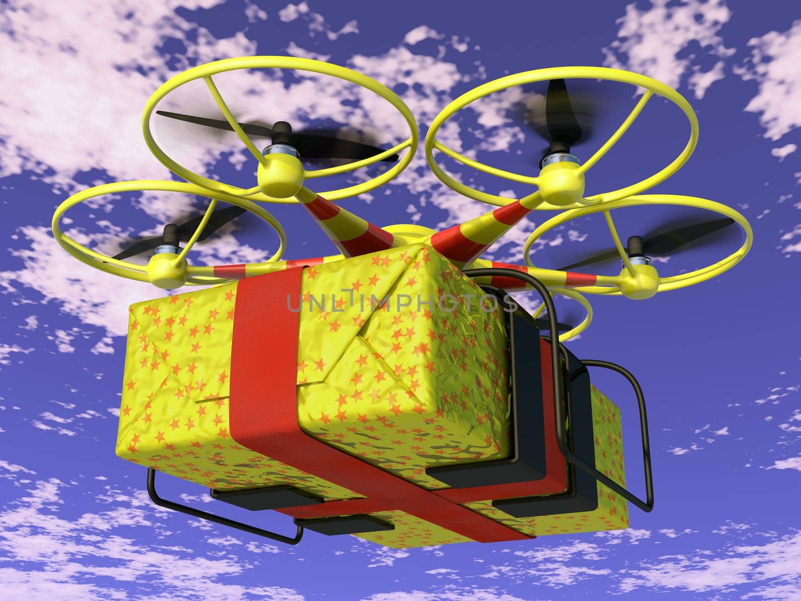 Flying drone to which is attached gift box.
