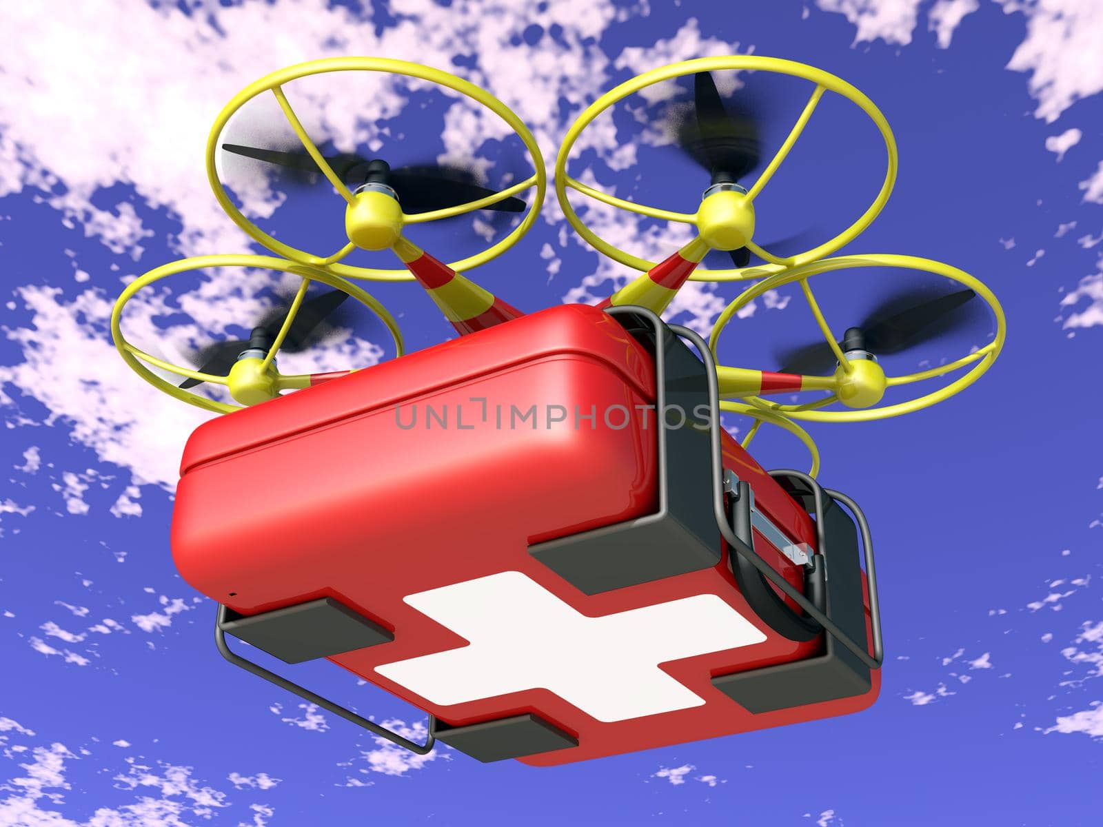 flying drone transports the a red suitcase with white cross