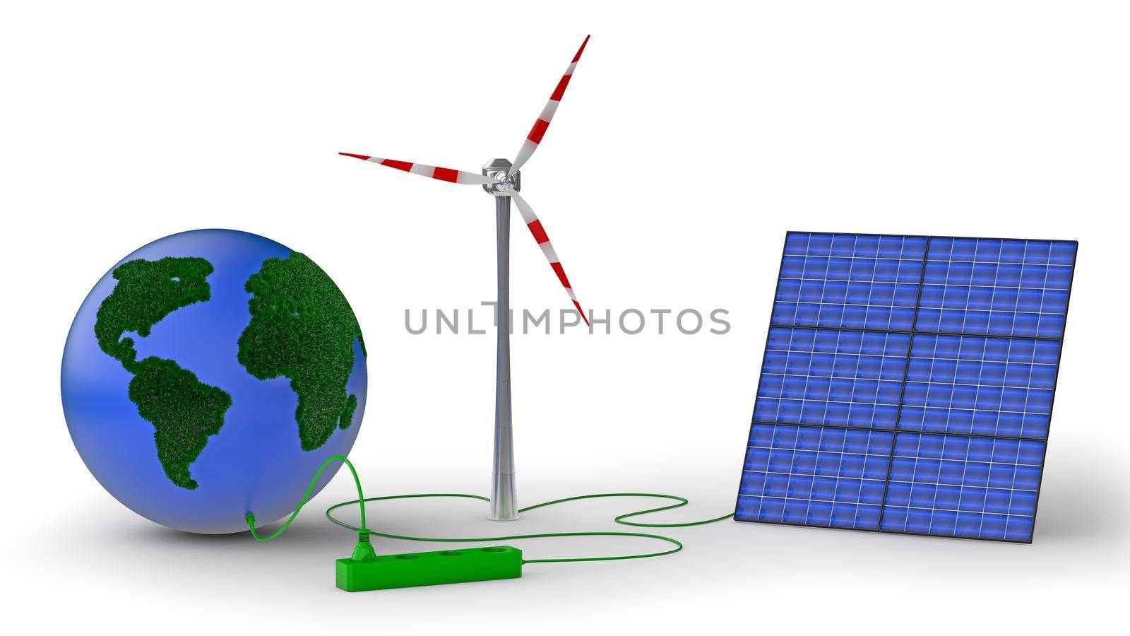 earth covered with grass, wind generator and solar panel