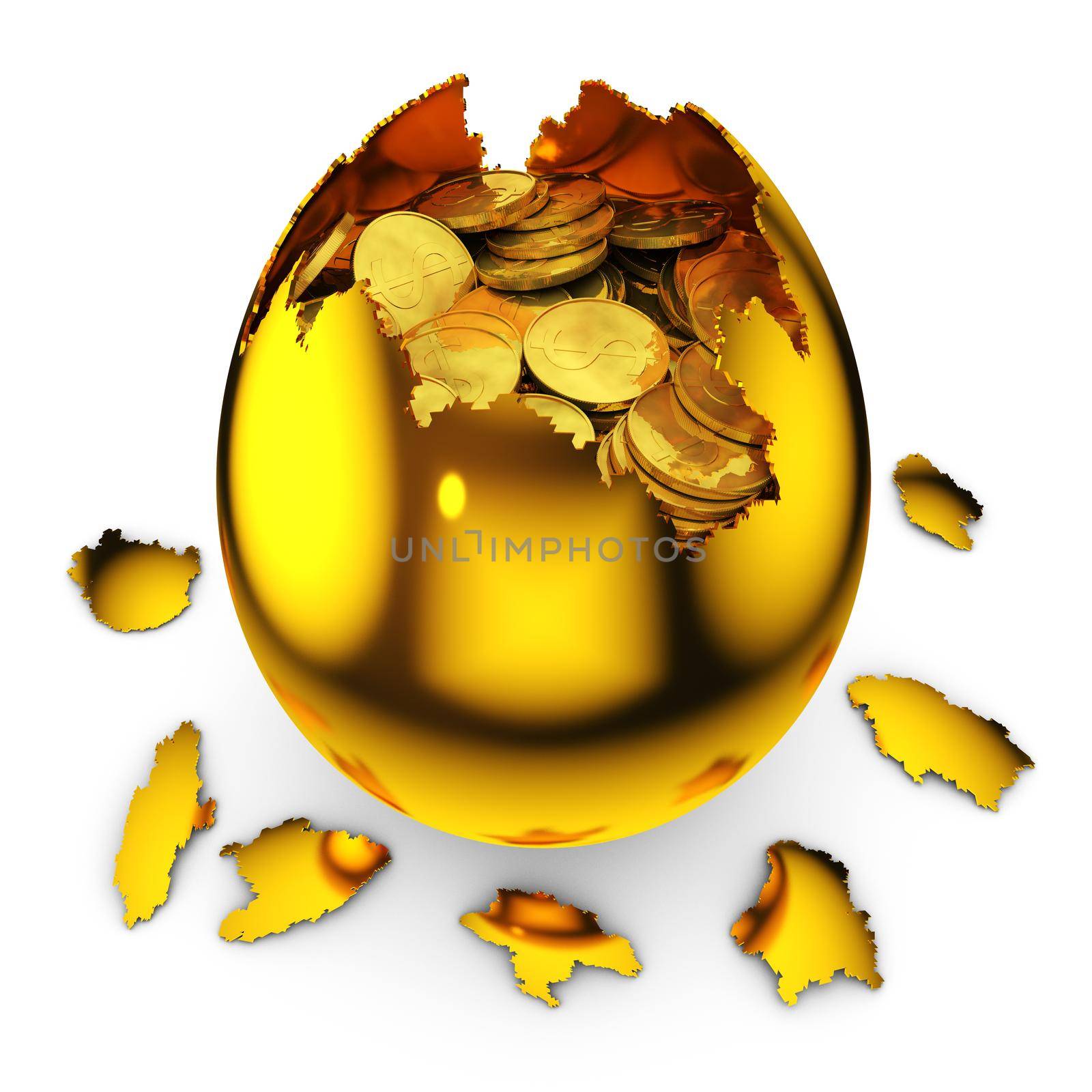 smashed golden egg with dollar coins inside