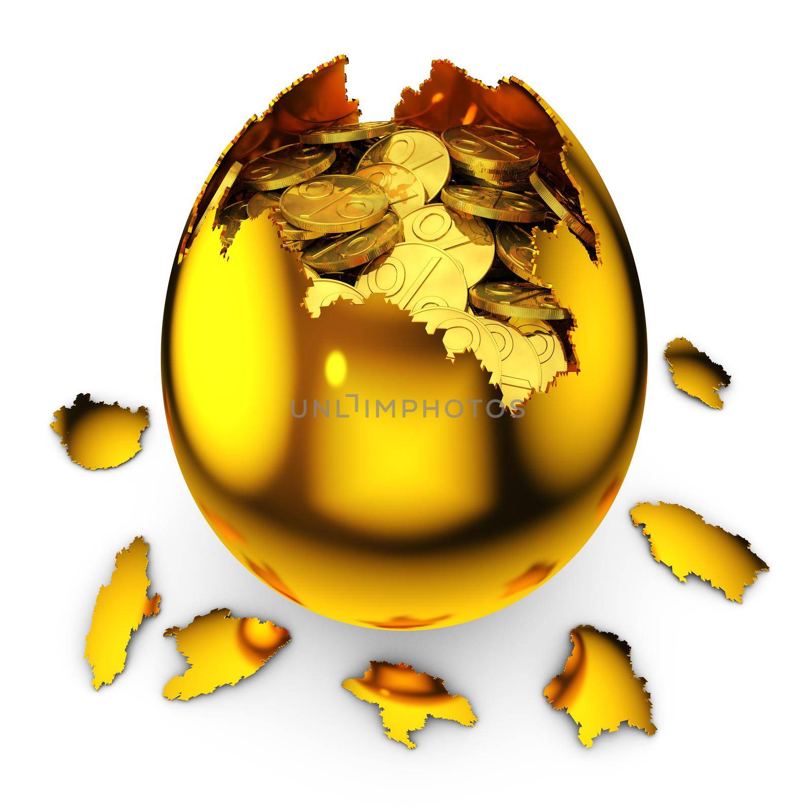smashed golden egg with percent coins on white background