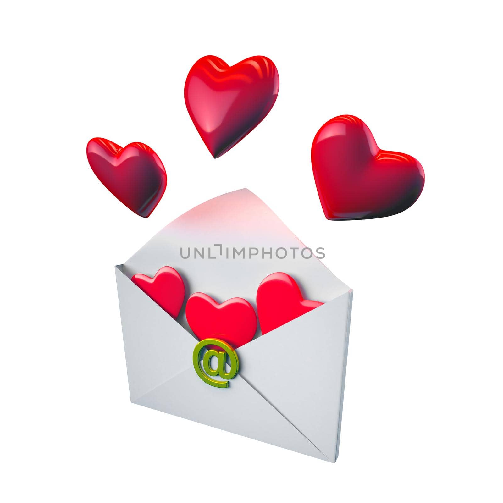 Envelope with @ and red hearts on a white background