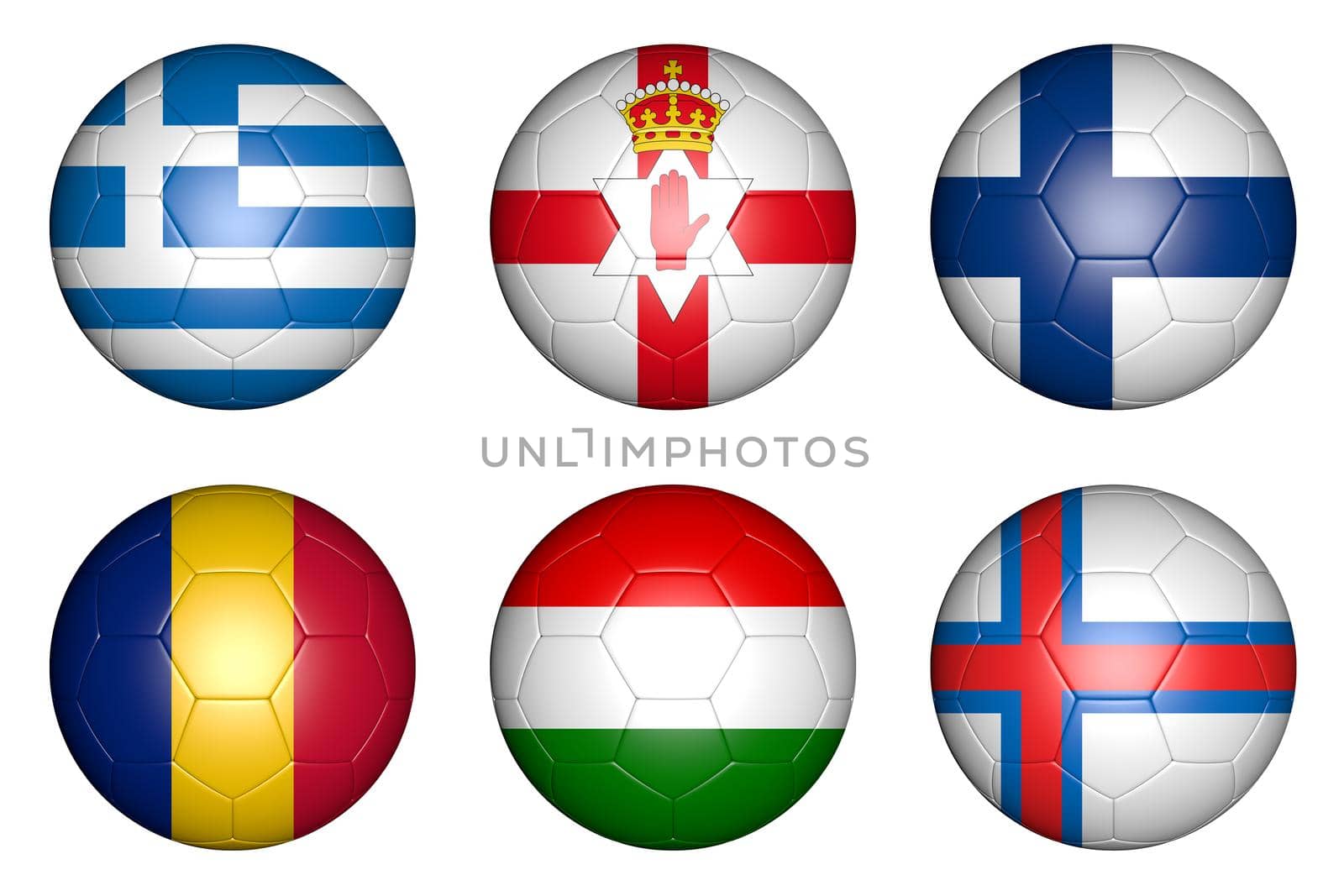 balls with flags of countries: Greece, Hungary, Romania, Finland, Ireland, Faroe; Islands.