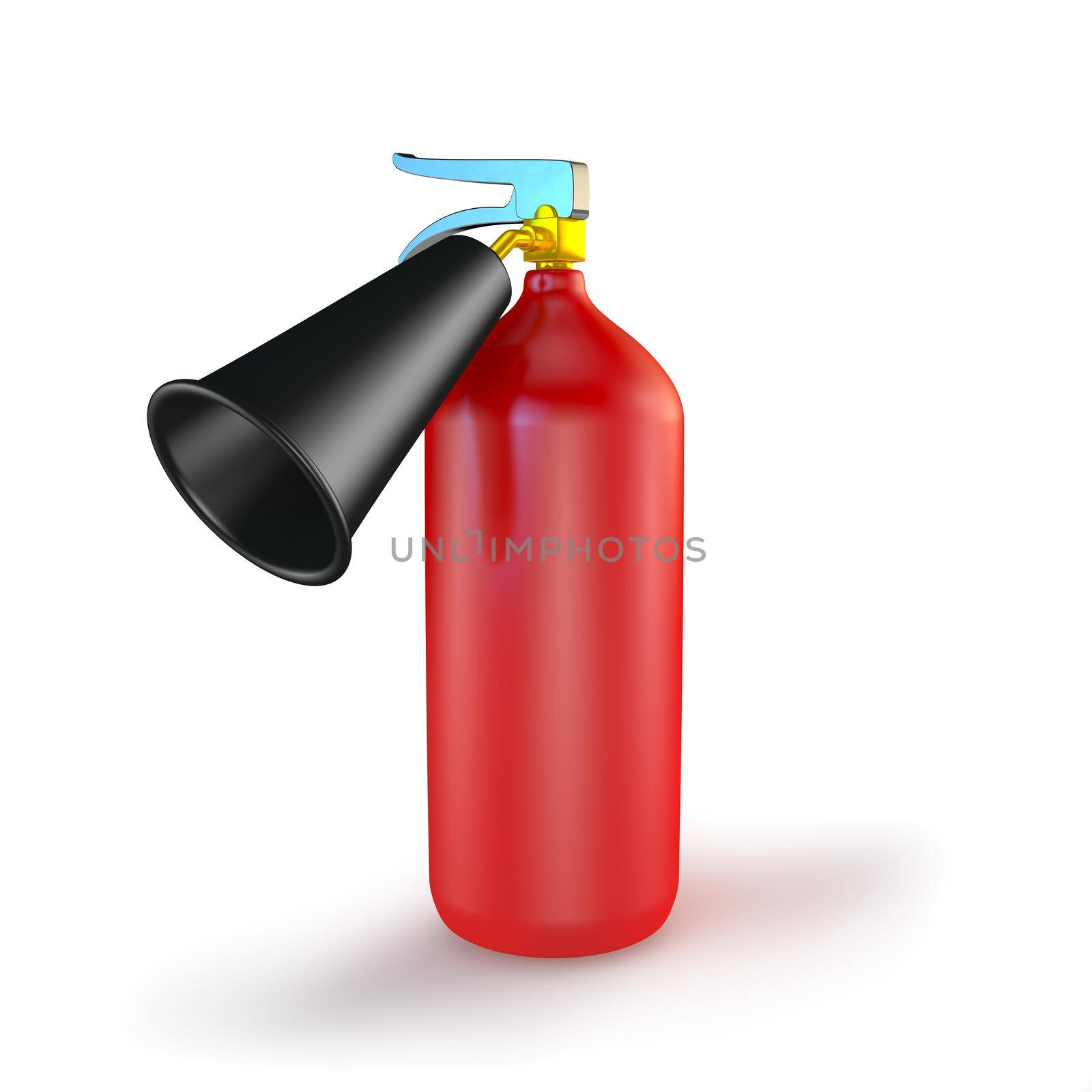 red fire extinguisher with spray on white background
