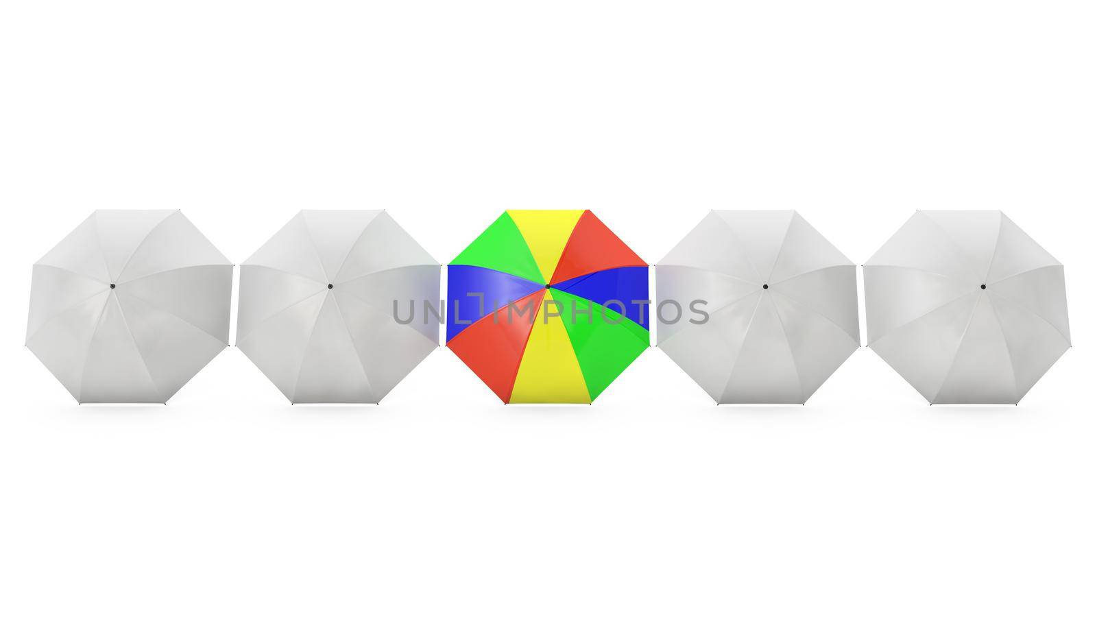 five umbrellas one of which is multi-colored on a white background