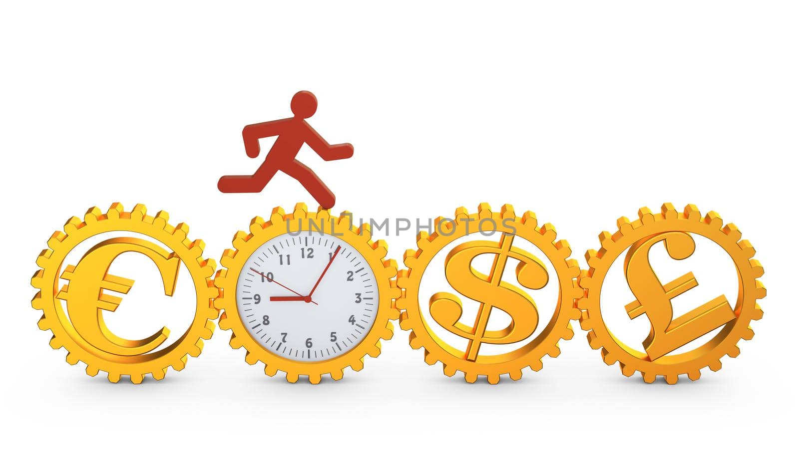 red running man rotates the gear clock which rotates the gears with the symbols of different currencies