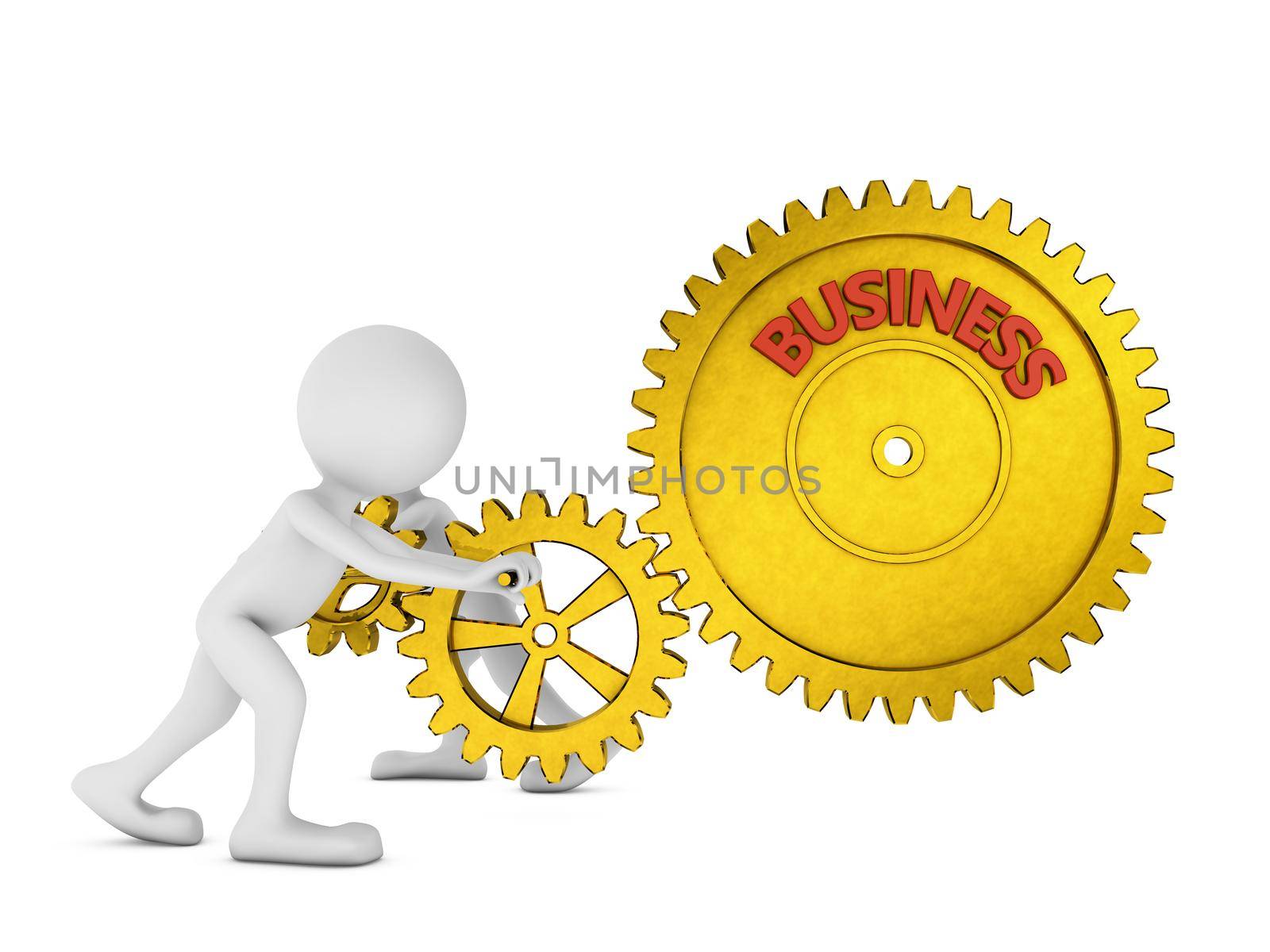 faceless manikins rotate gold gears with inscription business