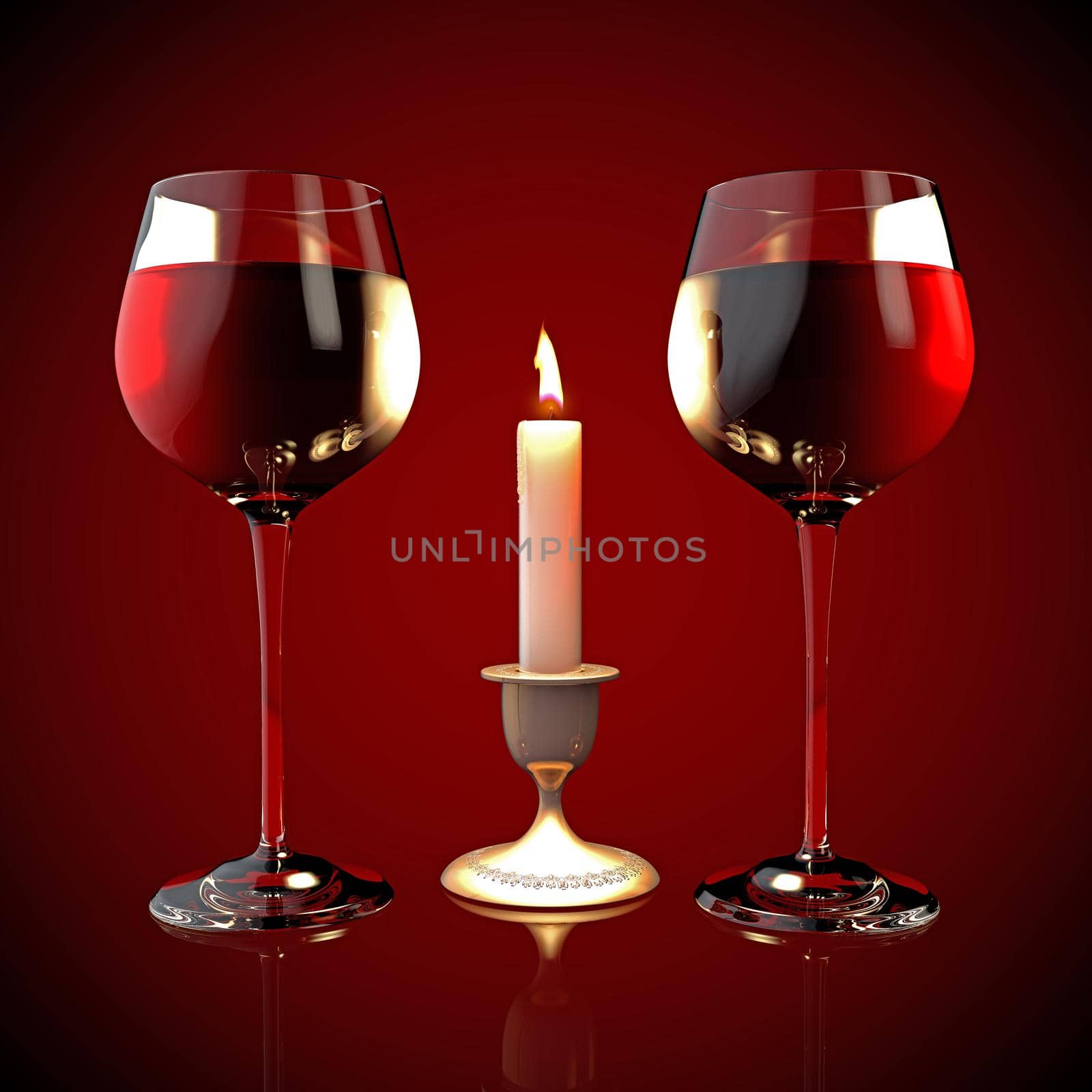 two glasses of red wine and a candle on a red background