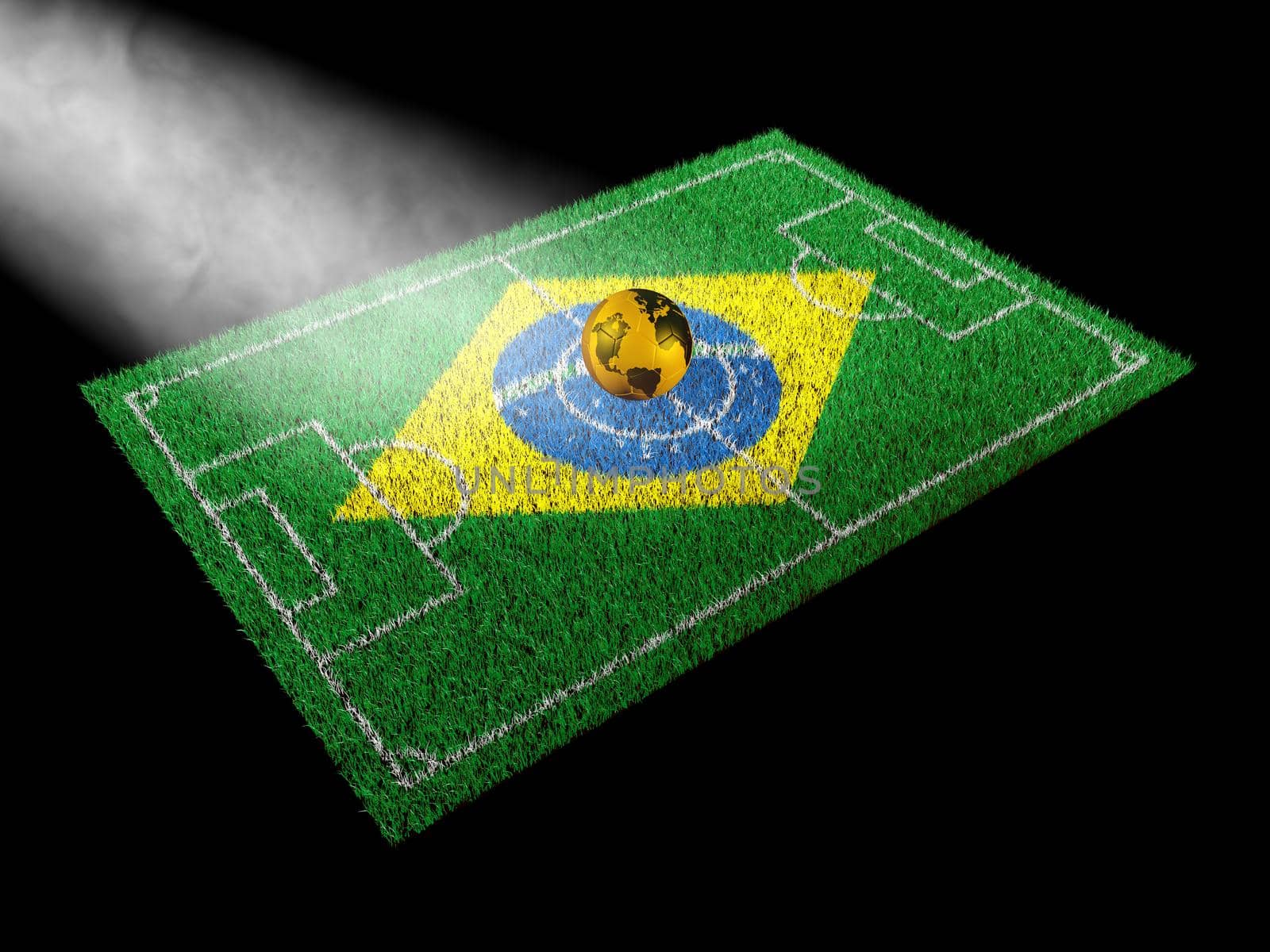 golden ball with world map on soccer field