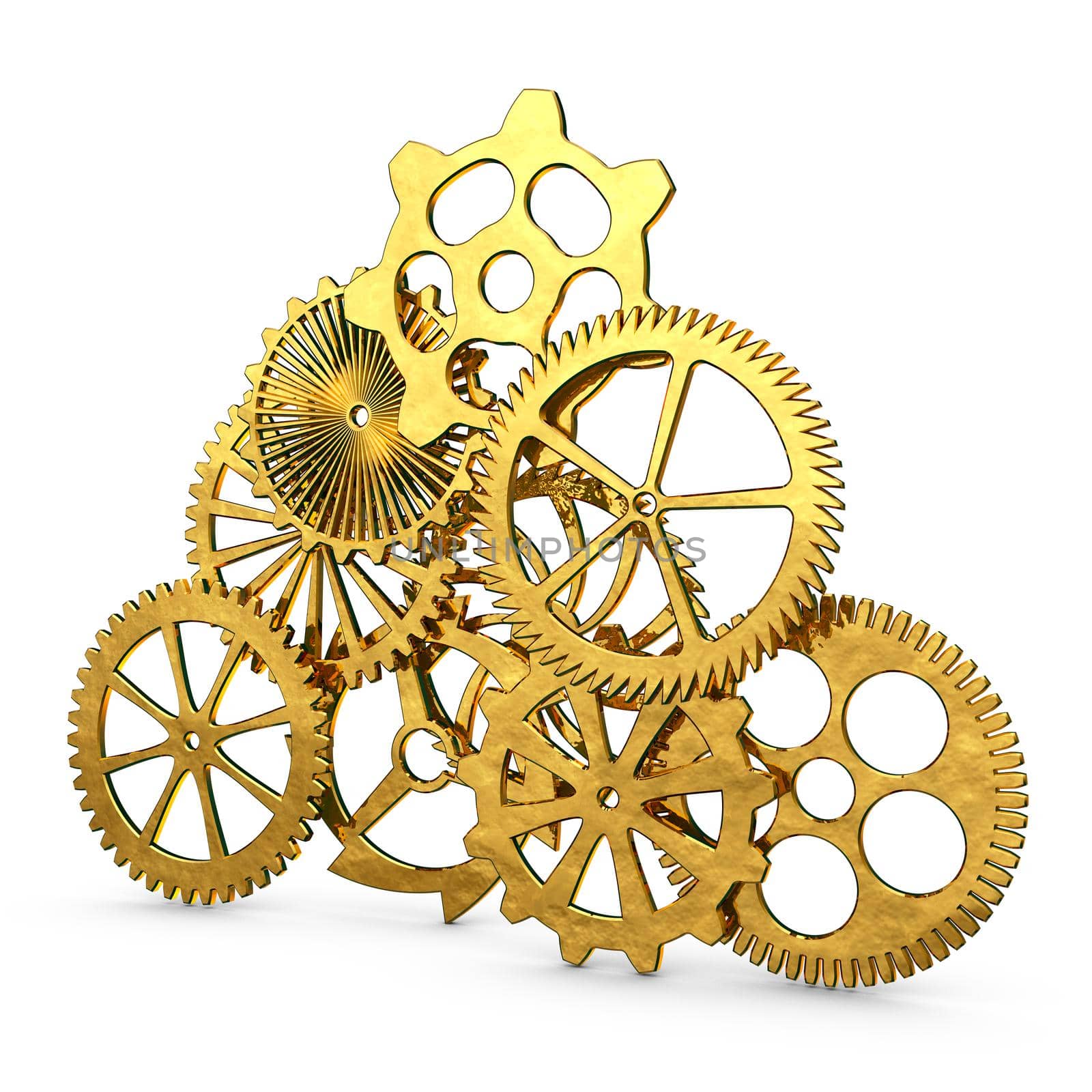 different golden gears on white background 3d
