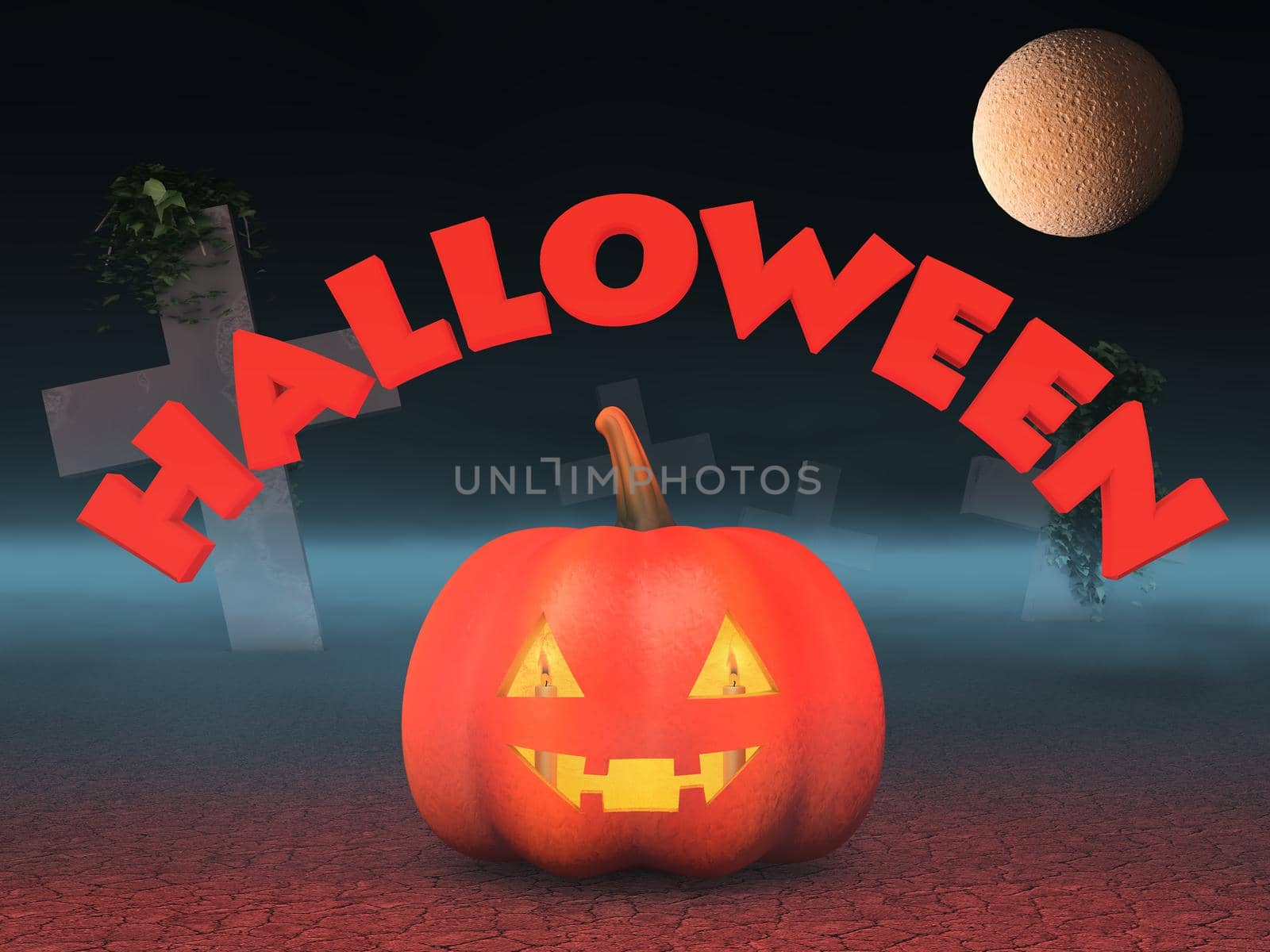 head of the pumpkin with a candle inside the cemetery on background