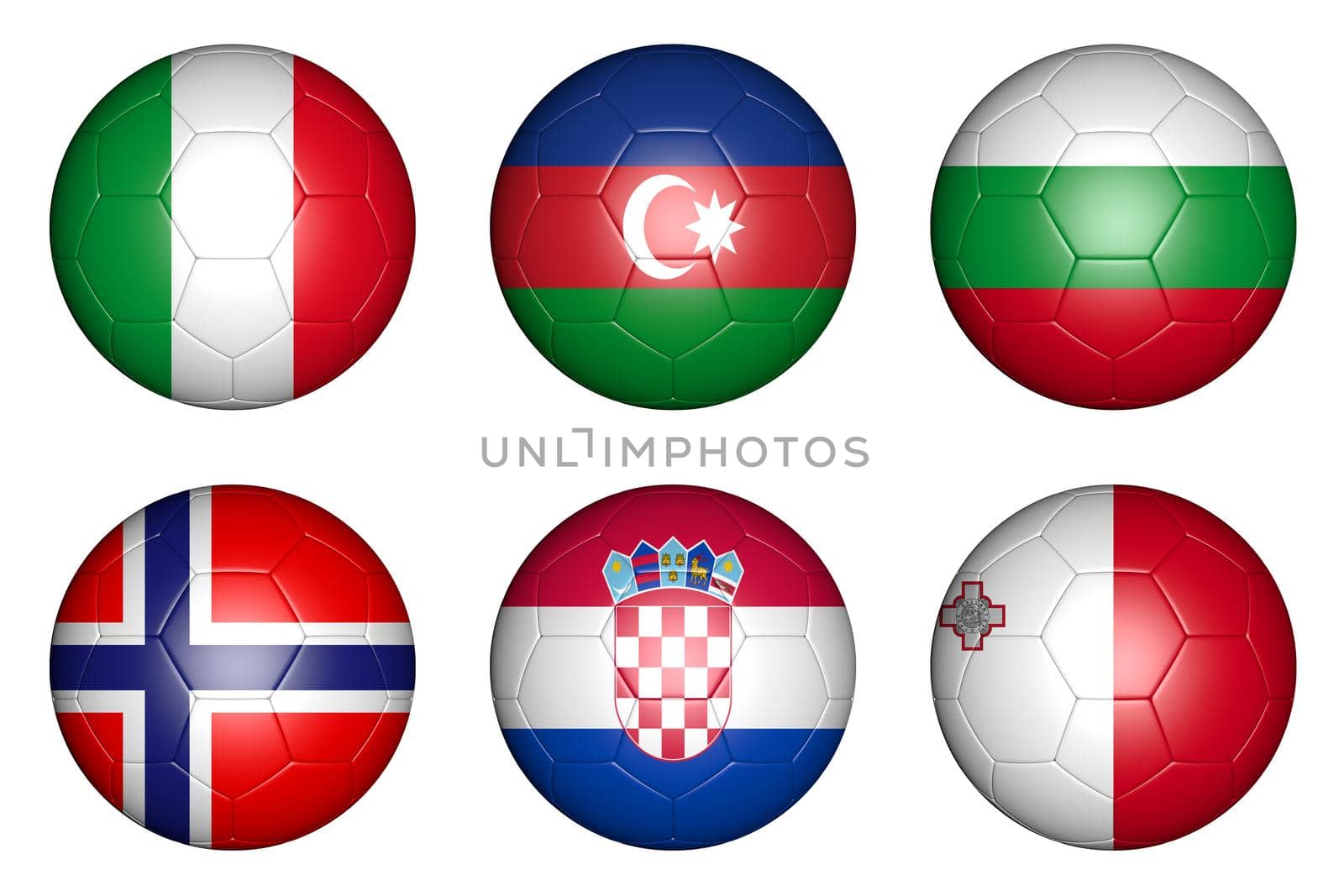 balls with flags of countries: Italy, Croatia, Norway, Bulgaria, Azerbaijan, Malta.