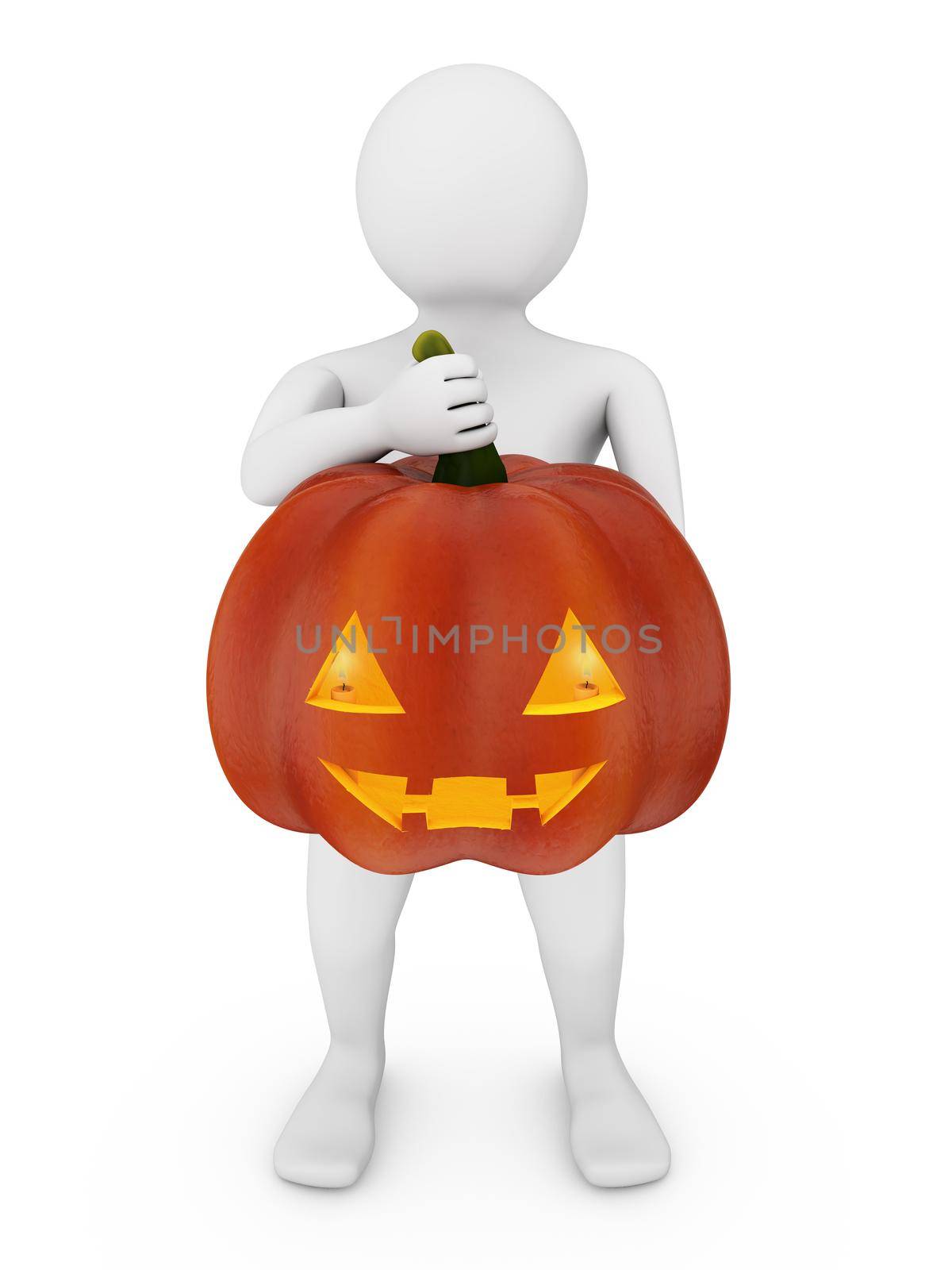 man with a pumpkin for a holiday helloween with candles inside