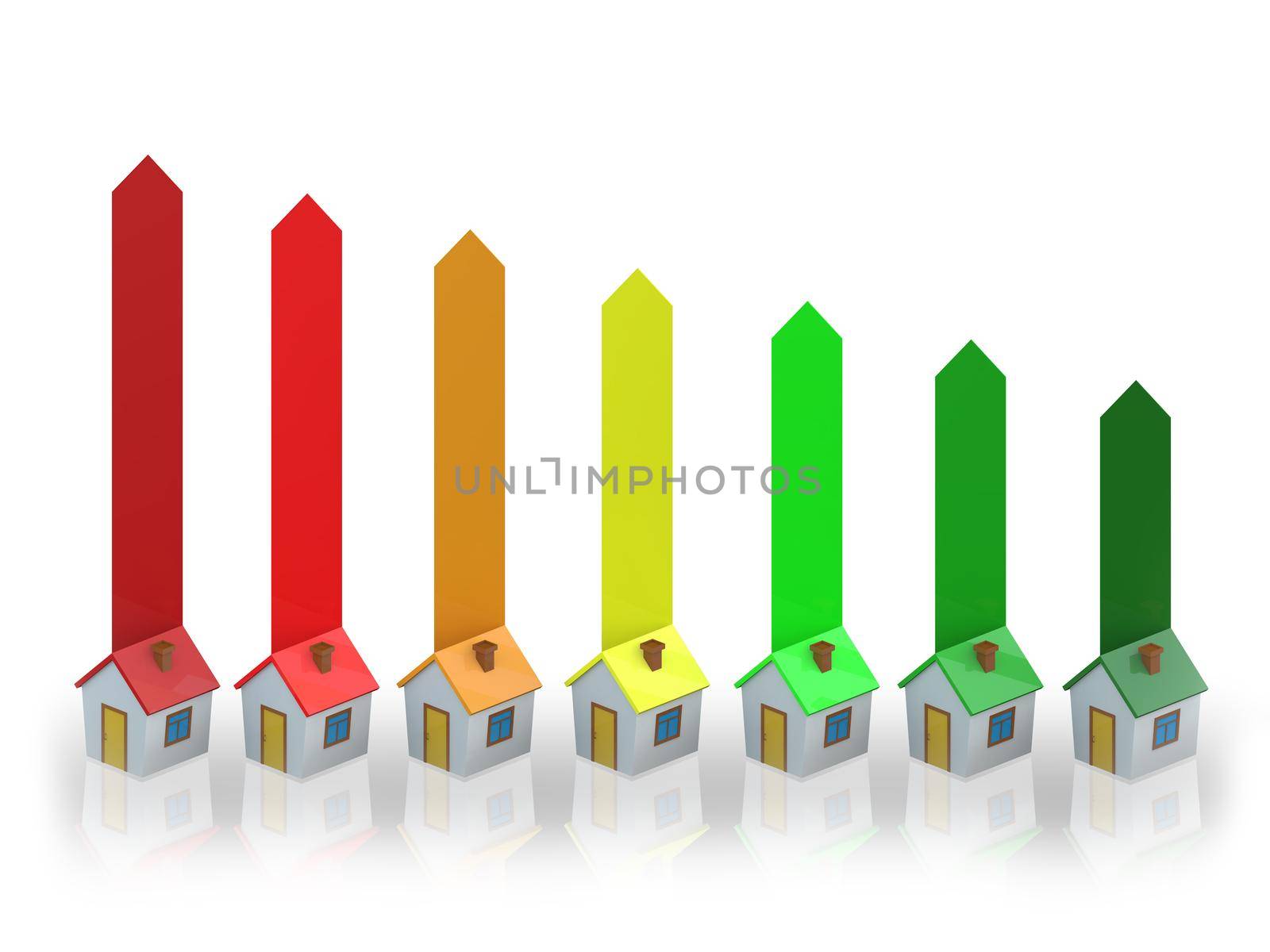 seven colored energy-efficient homes with colored arrows