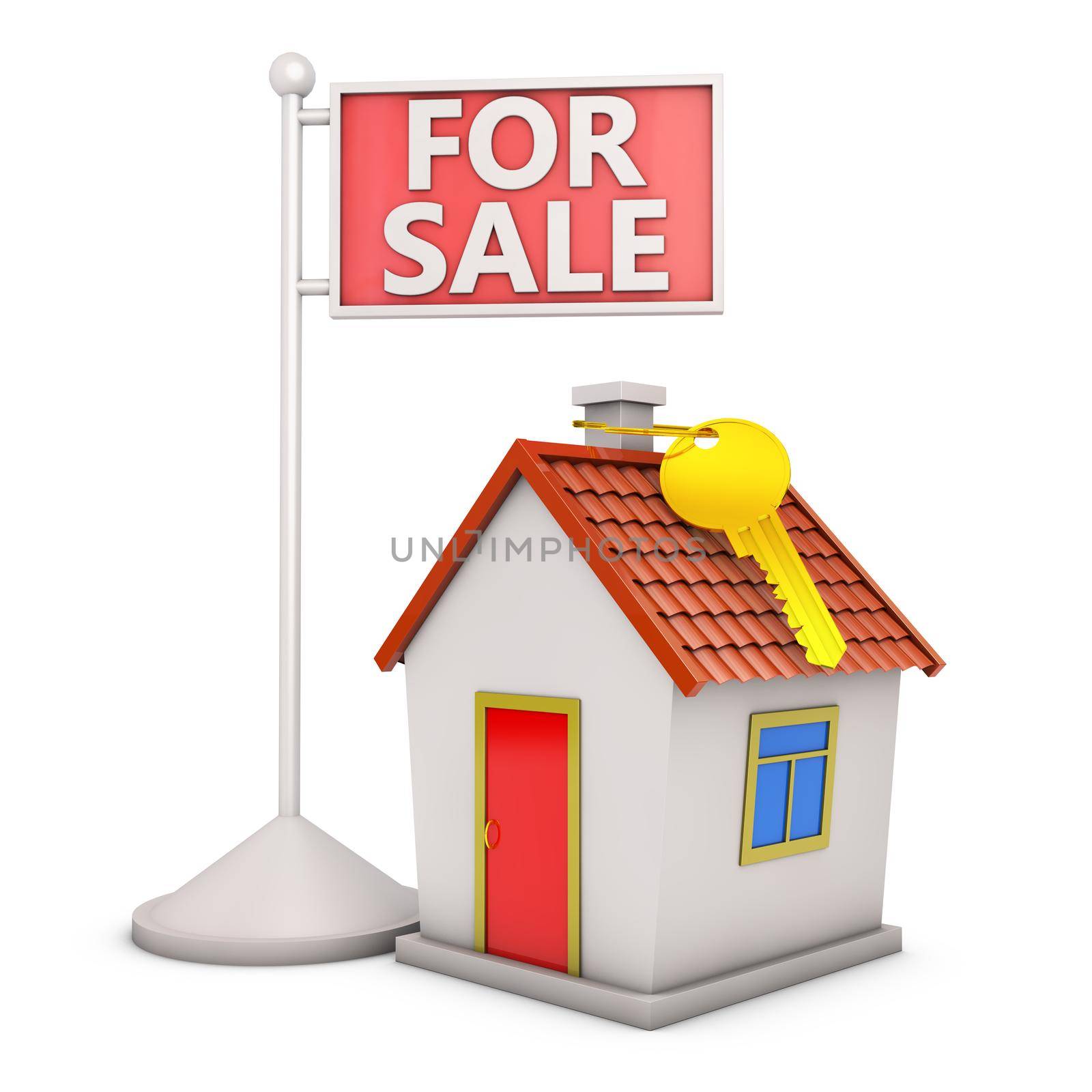 house and a sign with the word sale on white background