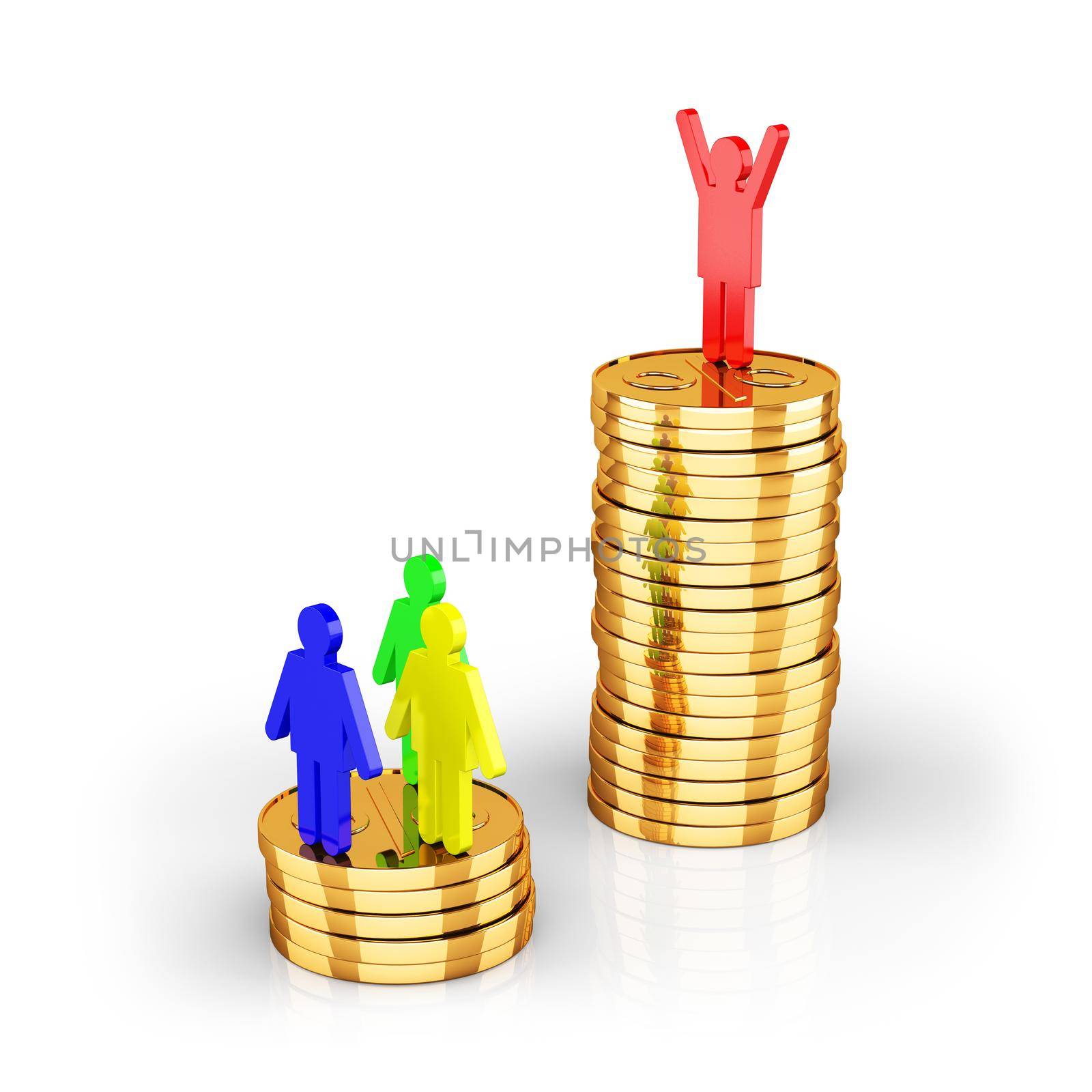 colored human figures on two piles of coins