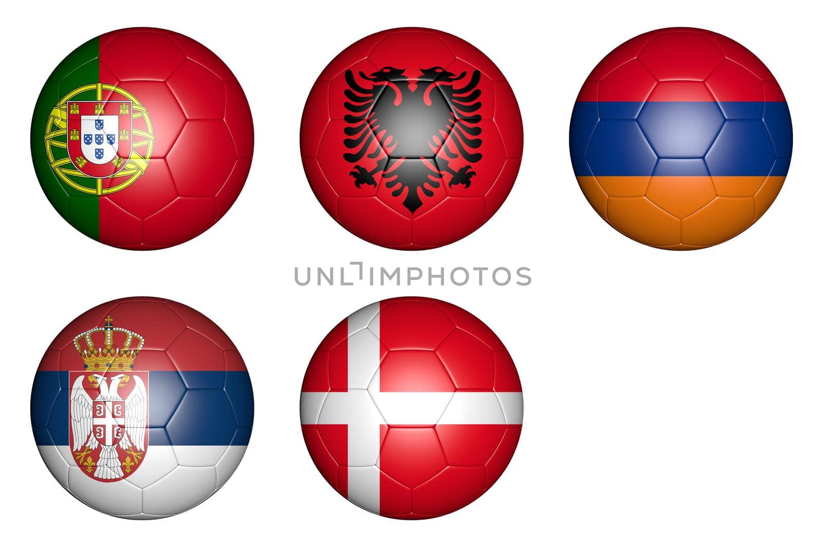 balls with flags of countries: Portugal, Denmark, Serbia, Armenia, Albania.