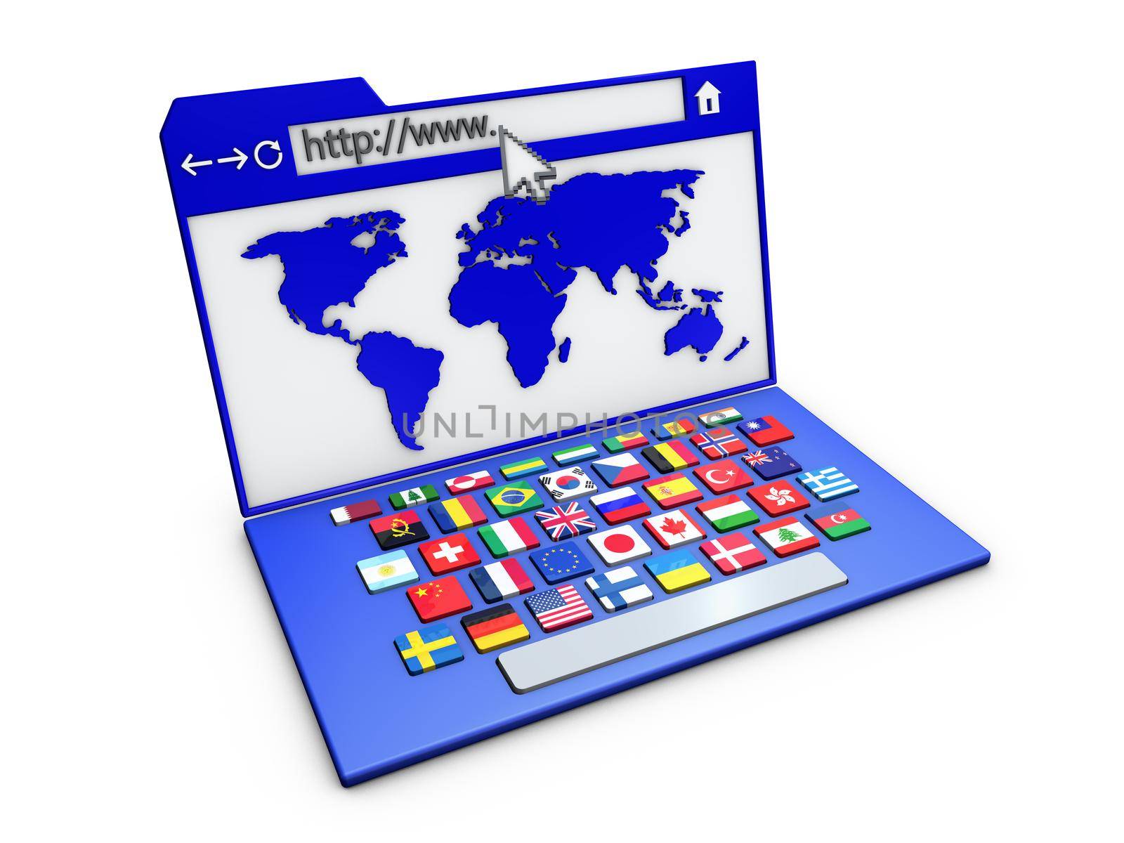 Internet browser with the mouse pointer and keyboard with the flags of the world with the mouse pointer and keyboard with the flags of the world